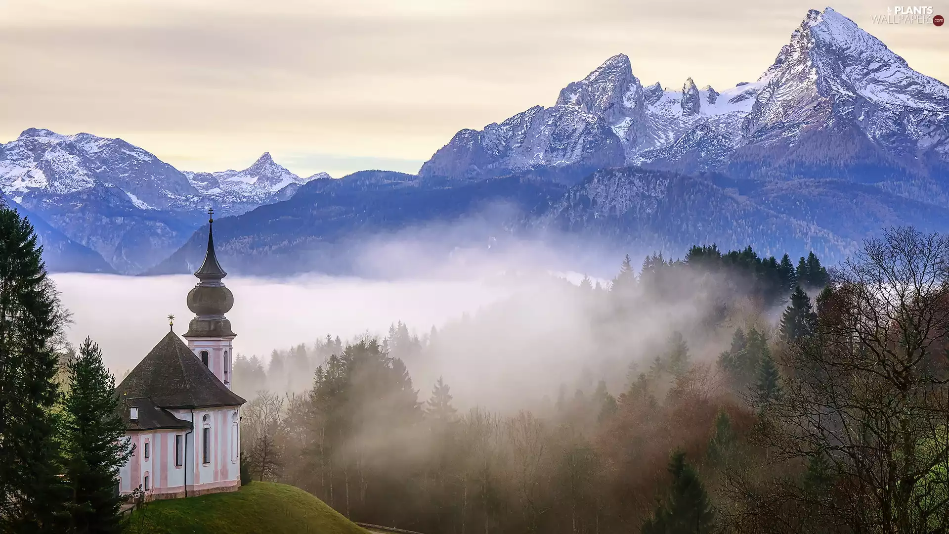 Sanctuary of Maria Gern, Salzburg Slate Alps, trees, Bavaria, viewes, Mountains, Church, Germany, Berchtesgaden, Fog
