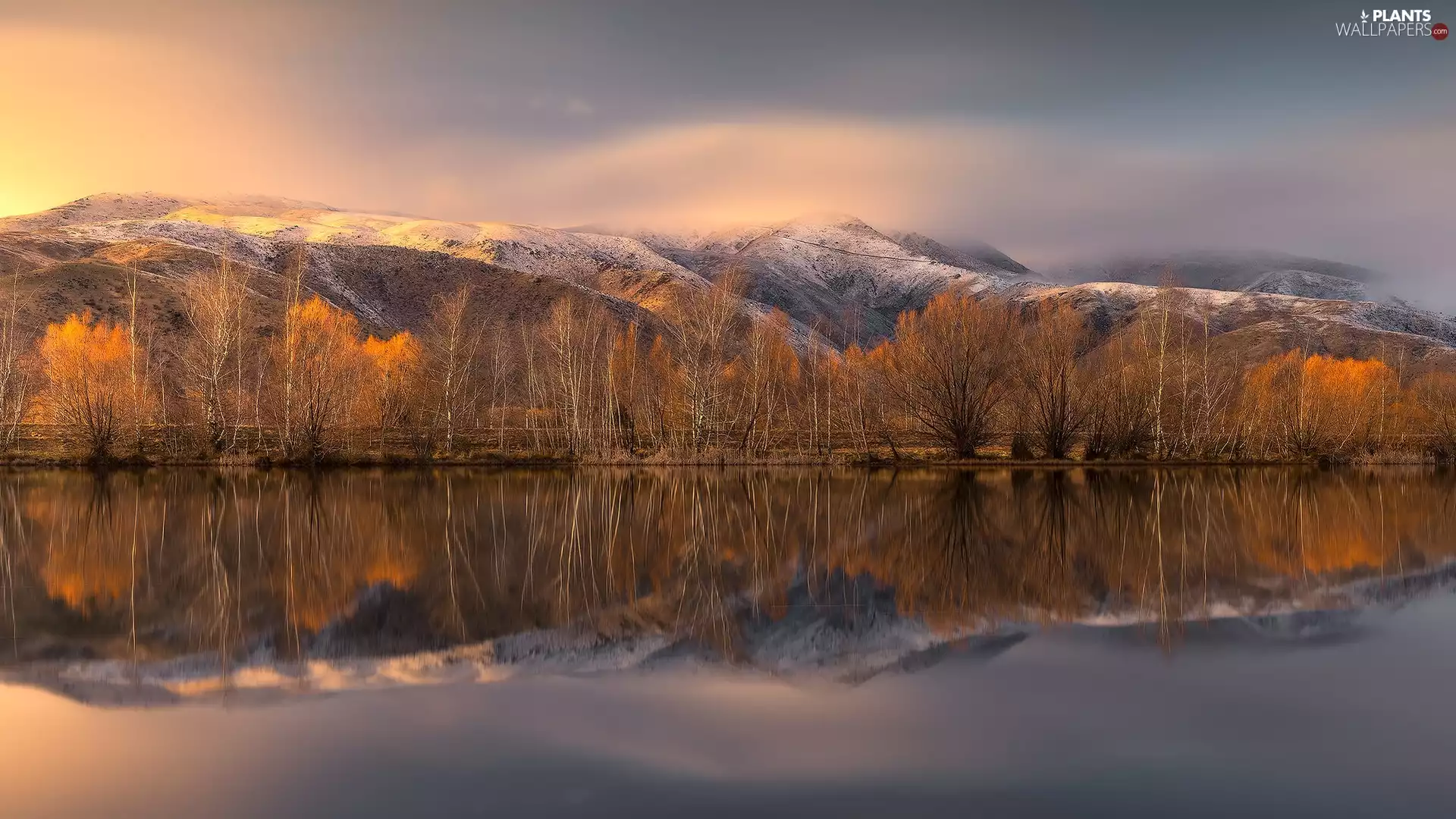 viewes, lake, clouds, trees, Mountains, reflection, autumn