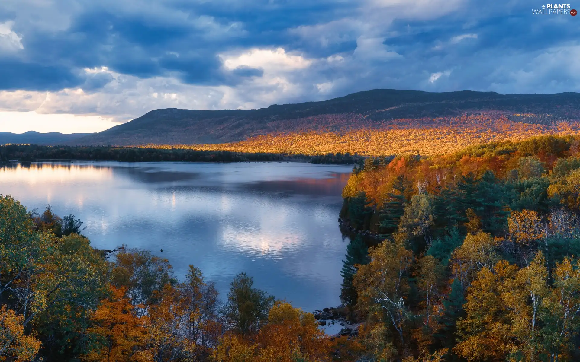 viewes, lake, clouds, trees, Mountains, Sky, autumn