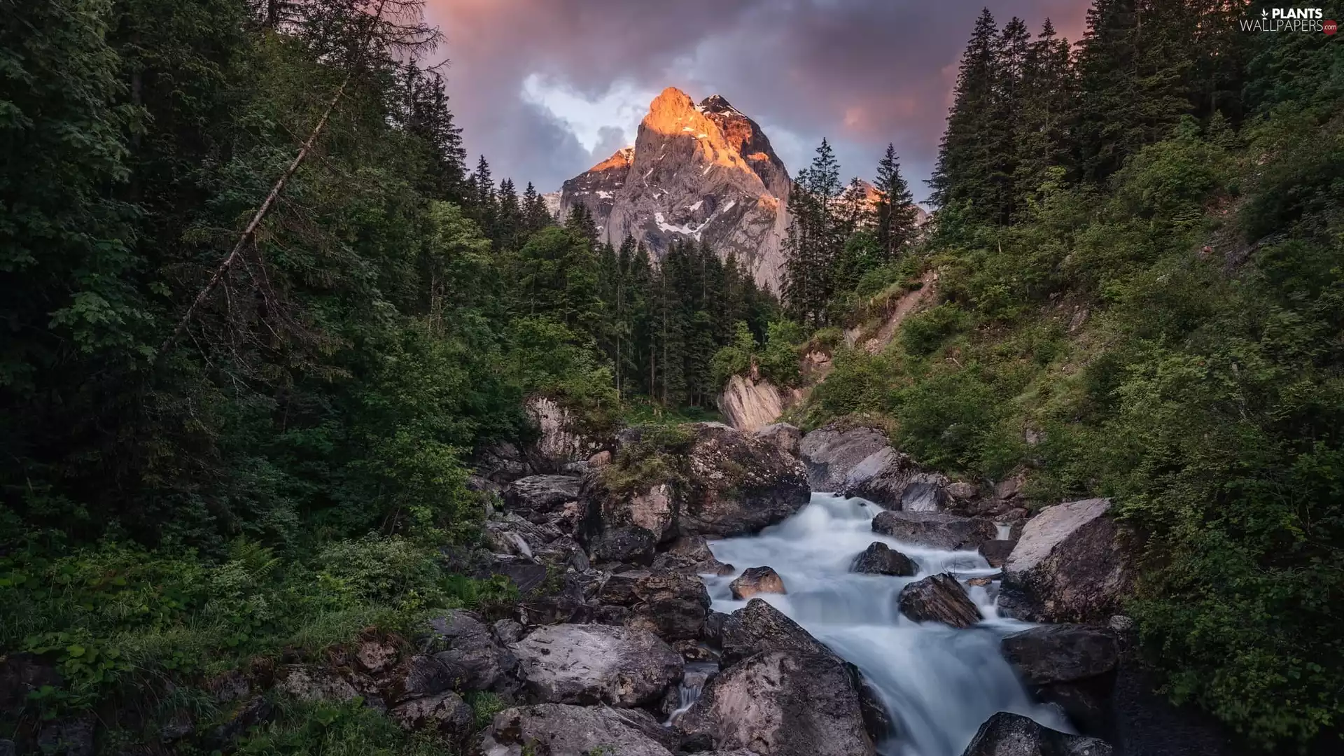mount, River, clouds, Stones, viewes, illuminated, Mountains, trees