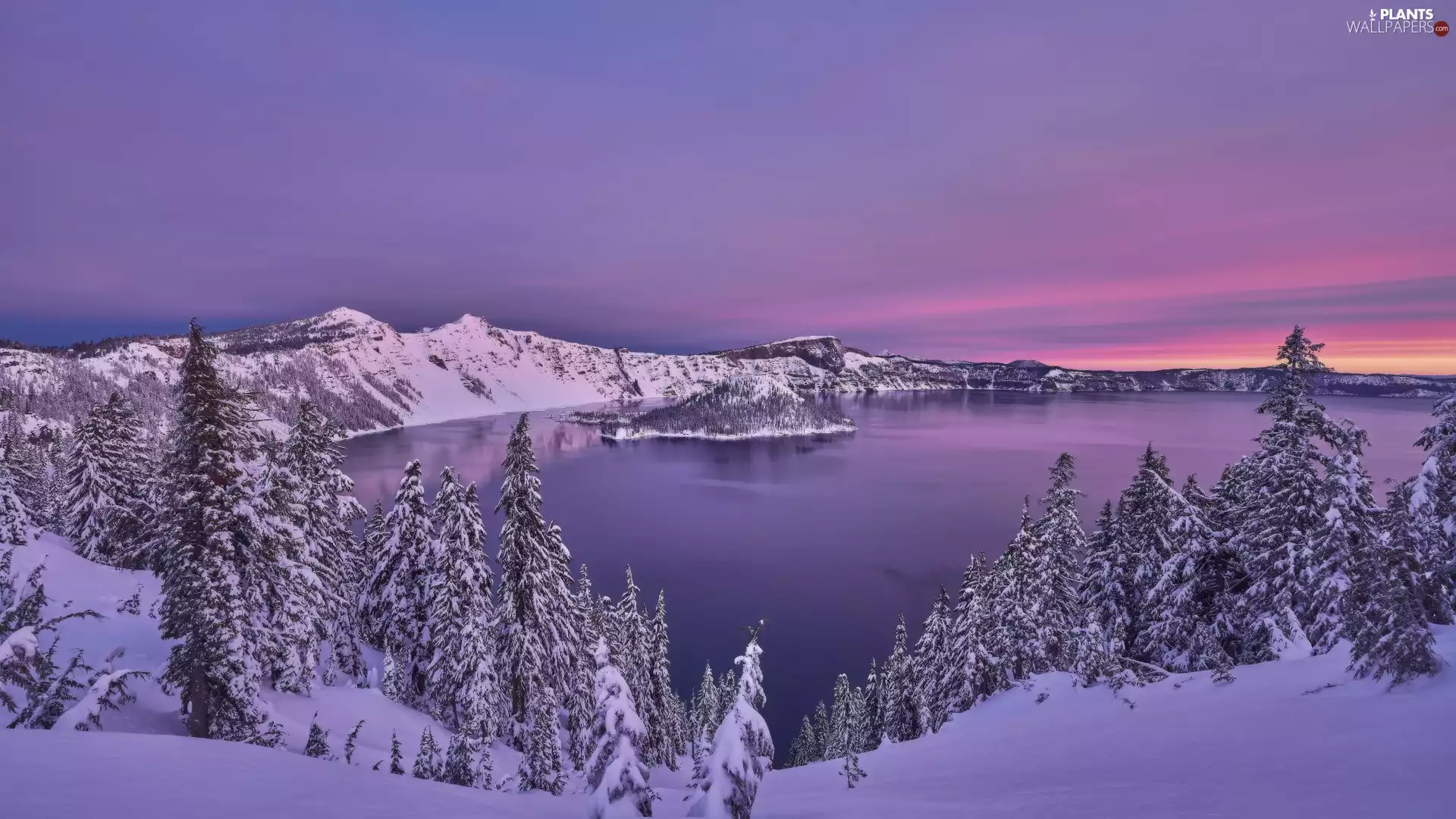 Crater Lake National Park, Crater Lake, viewes, winter, trees, Oregon, The United States, snow