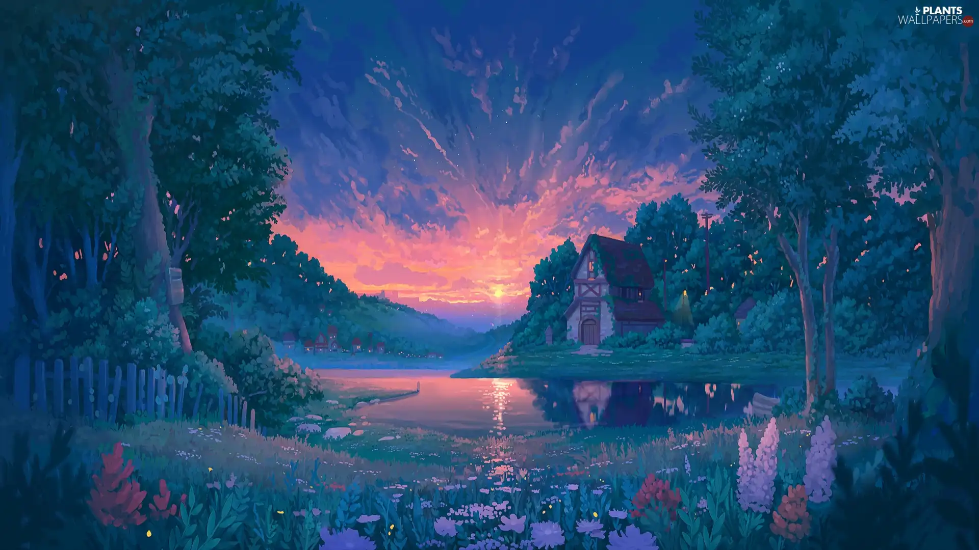 viewes, lake, Flowers, trees, house, Sunrise, graphics