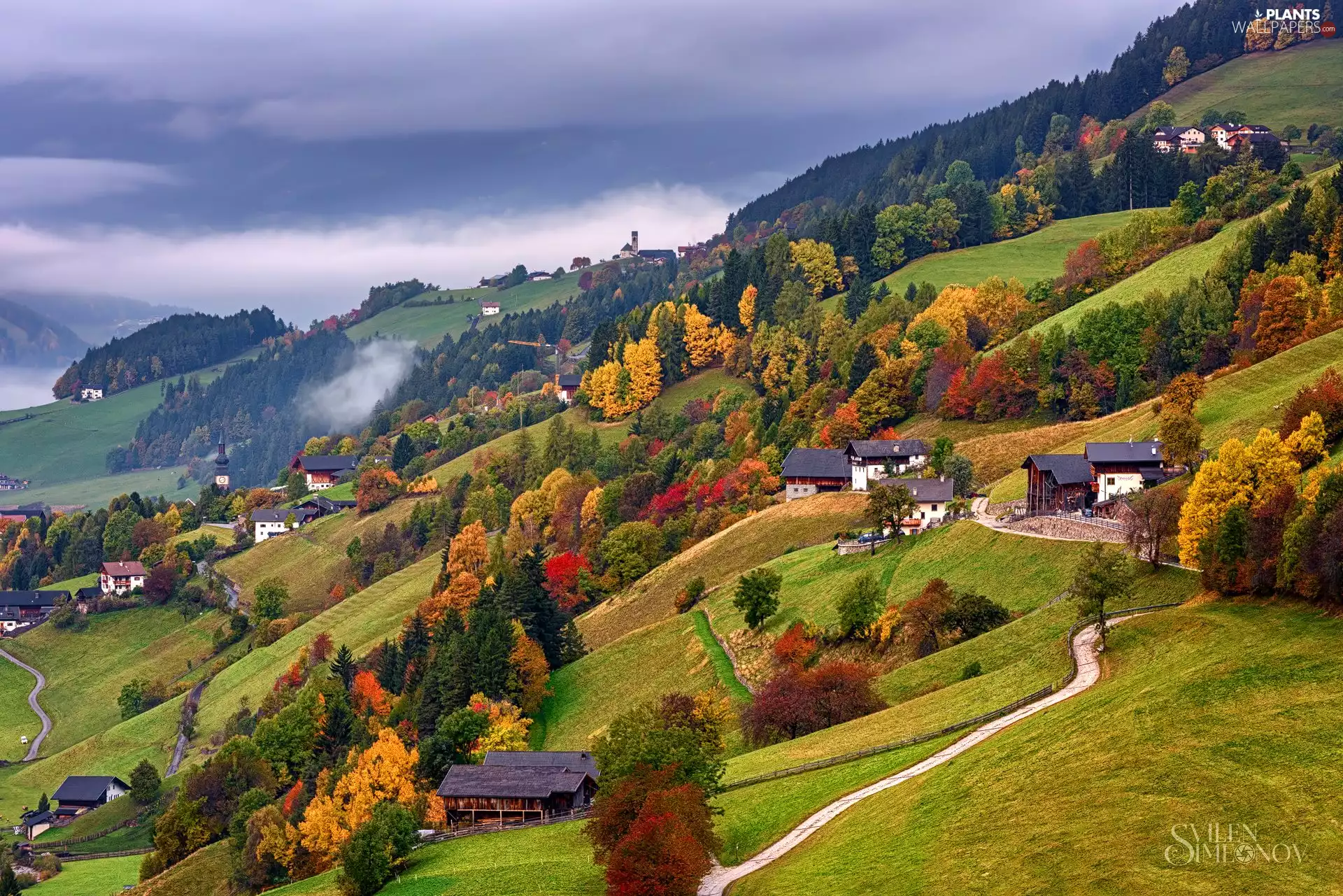 viewes, Fog, Houses, trees, Mountains, autumn, roads