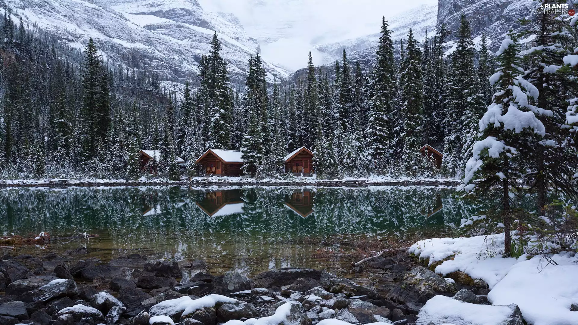 forest, lake, Houses, Stones, viewes, Mountains, winter, trees