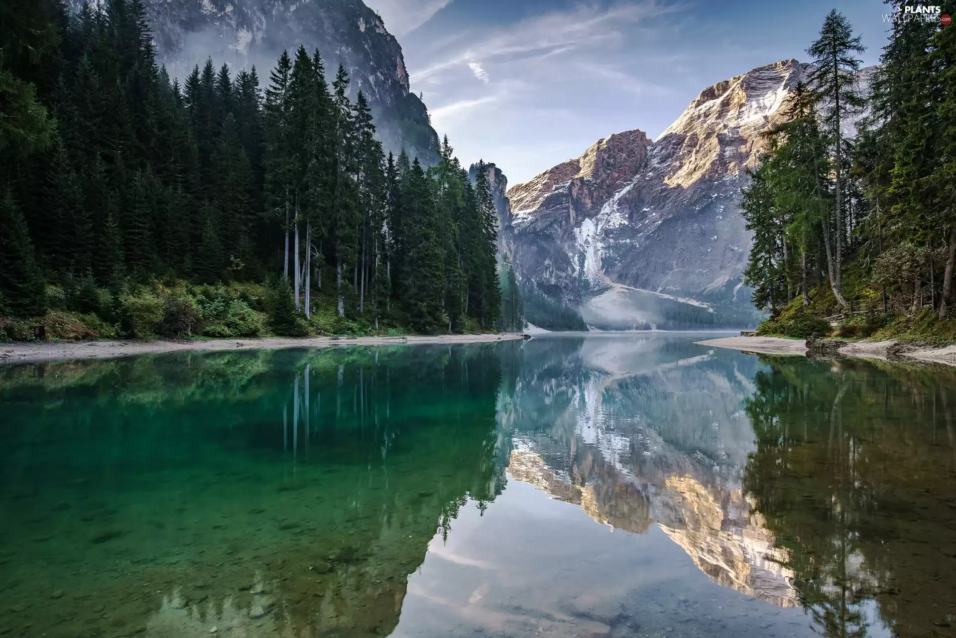 trees, Mountains, Pragser Wildsee Lake, Dolomites, Italy, viewes, reflection