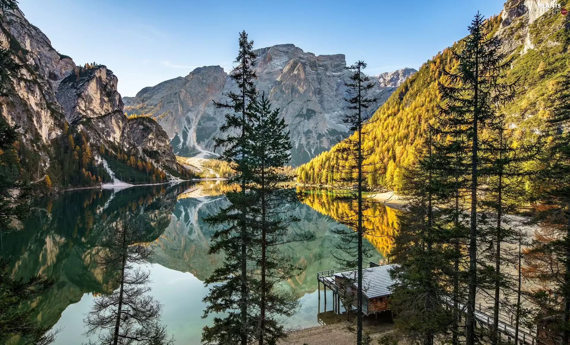 South Tyrol, Italy, Dolomites, Pragser Wildsee Lake, Platform, reflection, trees, viewes, Mountains