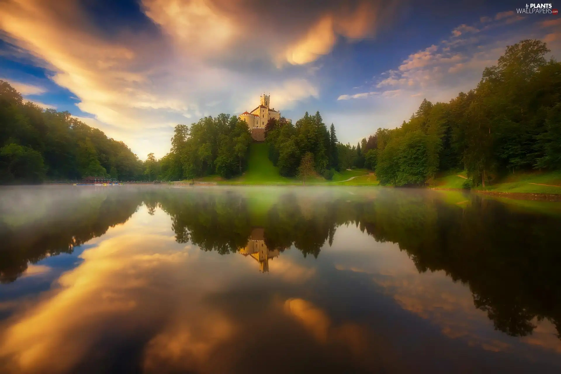 trees, viewes, Coartia, Trakoscan Castle, reflection, lake, Hill, clouds