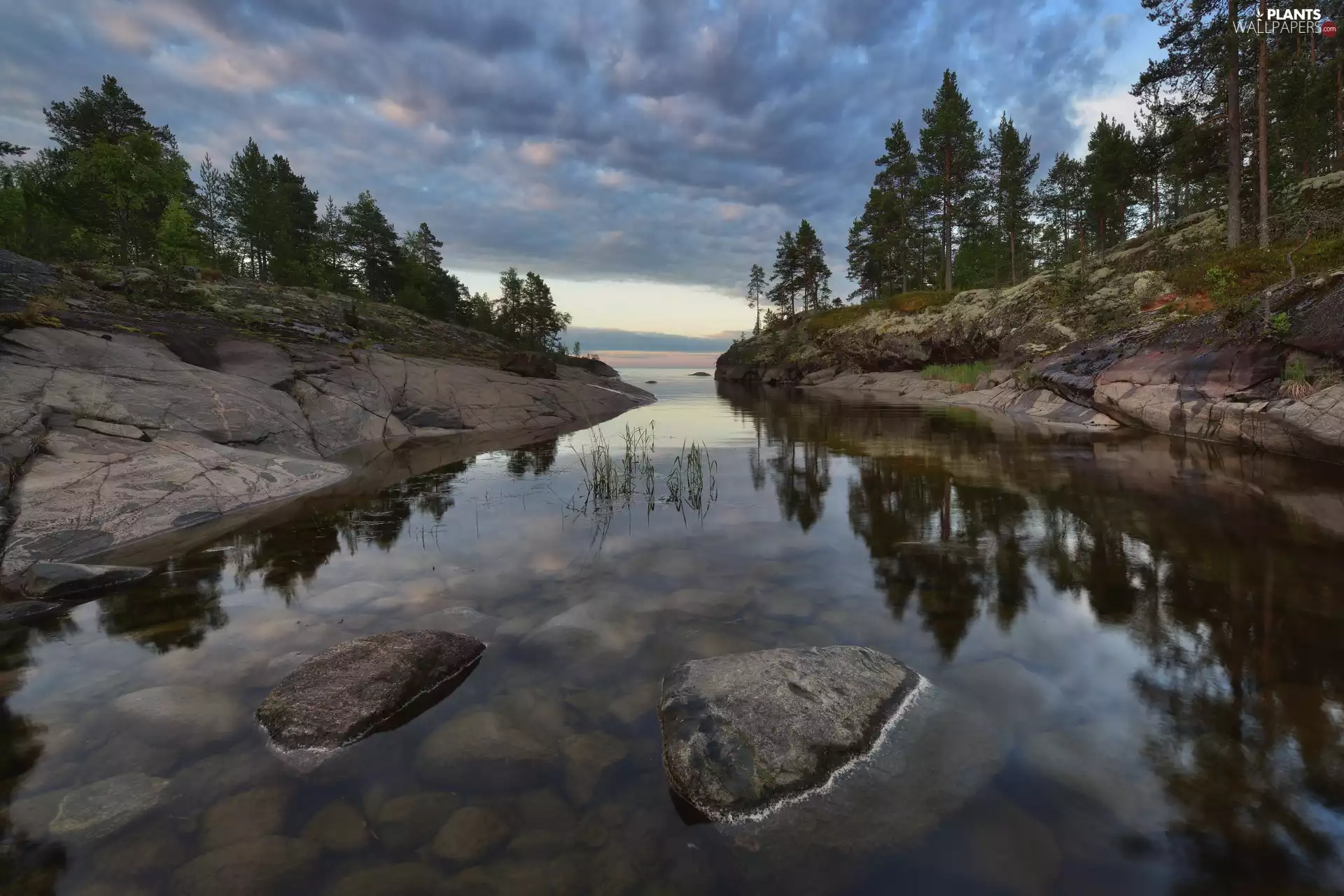 trees, viewes, Russia, Stones, Karelia, rocks, Lake Ladoga, clouds