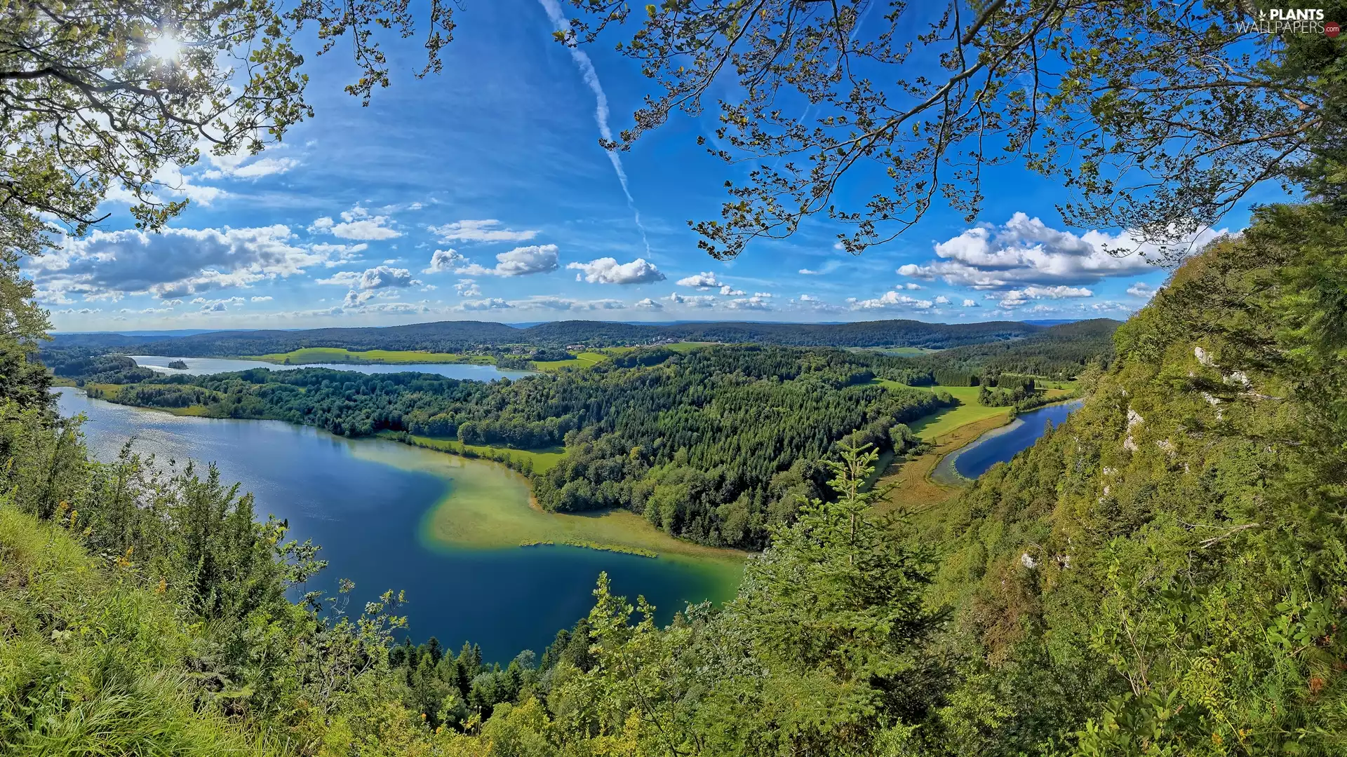 viewes, woods, rays of the Sun, trees, lakes, The Hills, clouds
