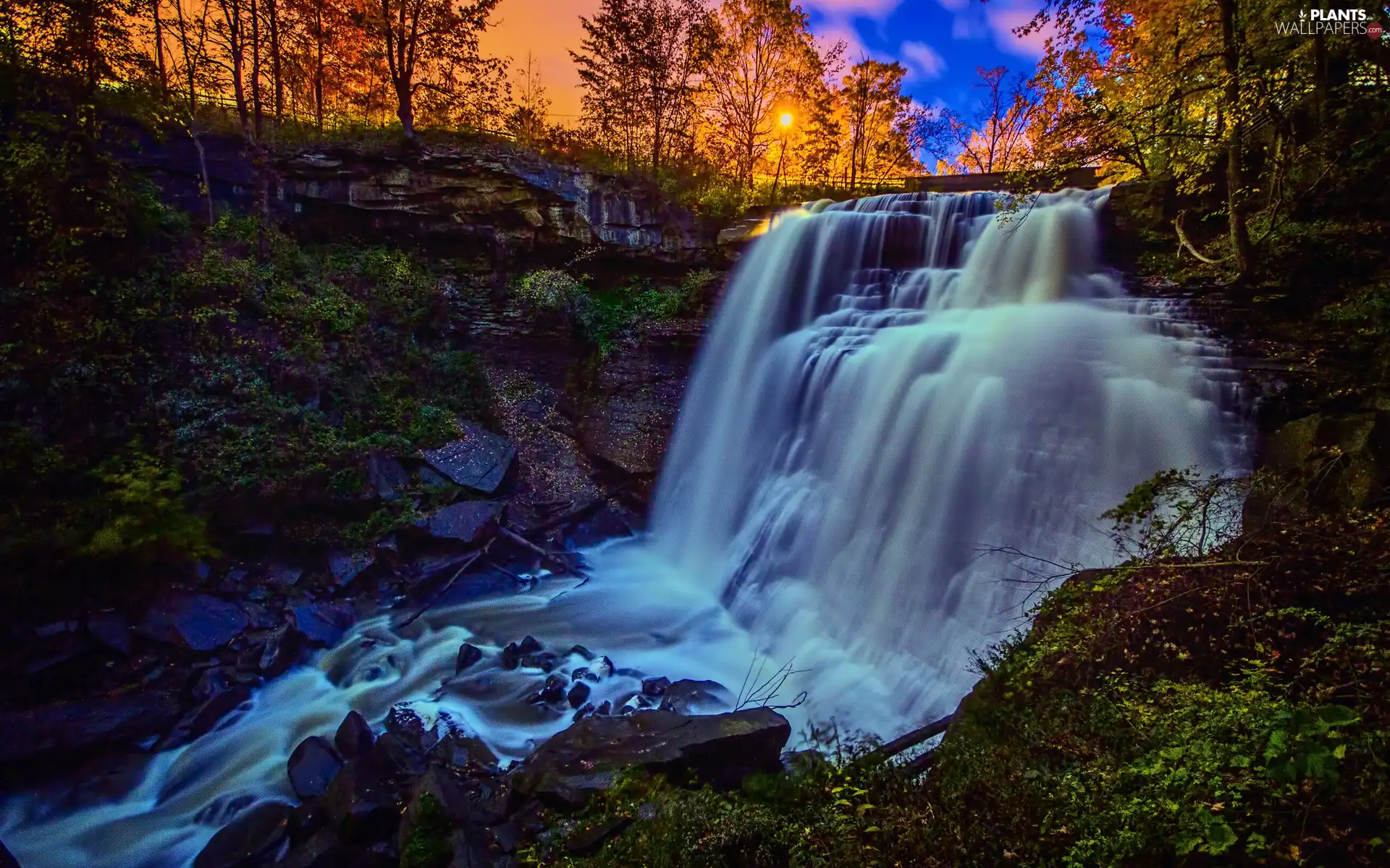 rocks, waterfall, trees, viewes, flash, luminosity, ligh, sun, Przebijające