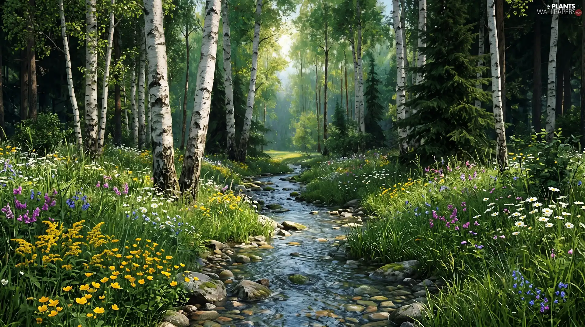 viewes, flux, Meadow, trees, forest, birch, Flowers