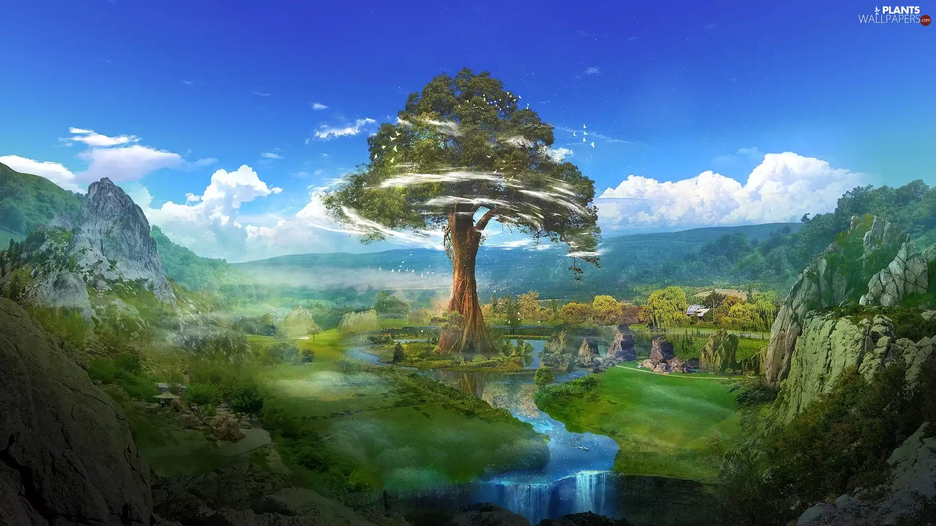 River, trees, Mountains, rocks, graphics