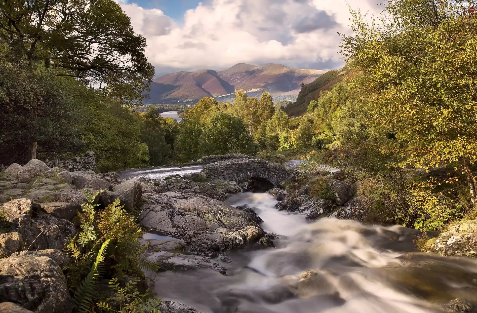 River, rocks, Mountains, Stones, viewes, bridges, stone, trees
