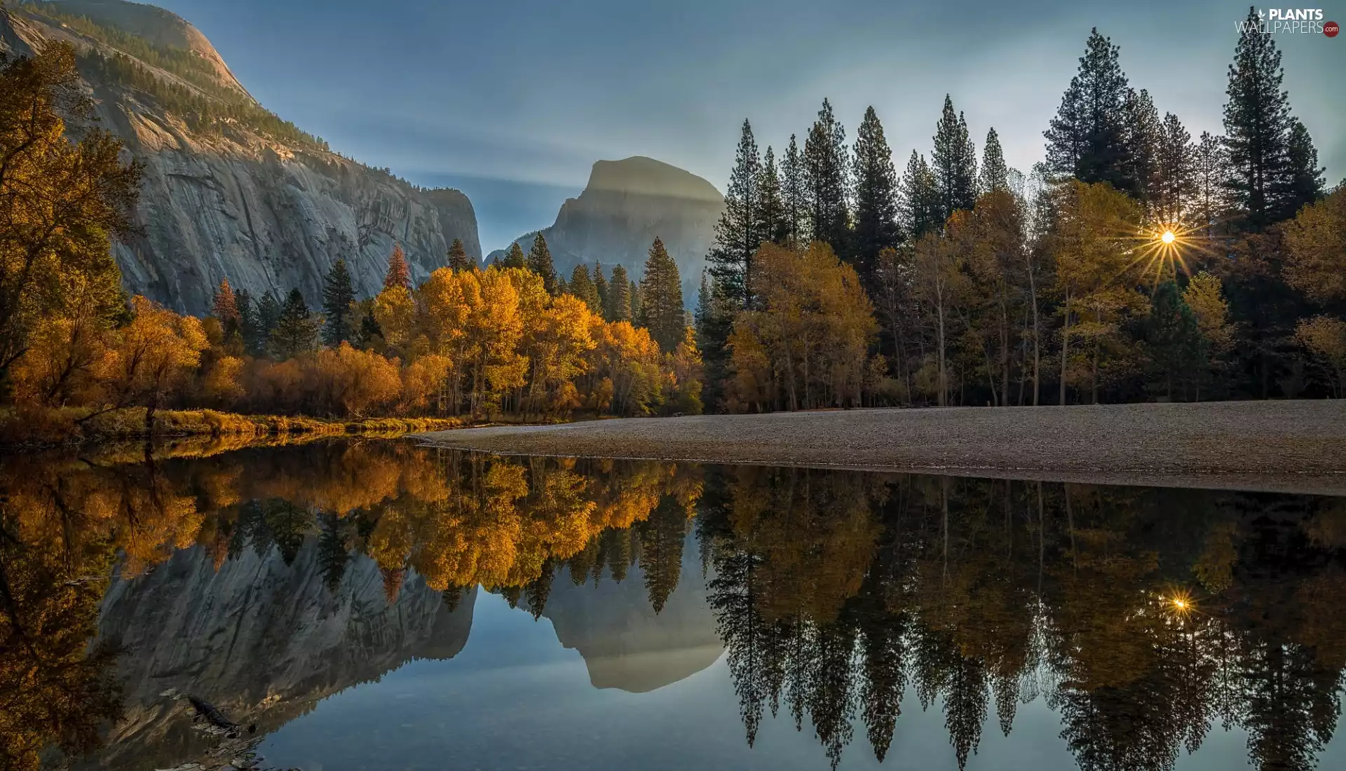 California, The United States, Yosemite National Park, Sierra Nevada Mountains, viewes, rays of the Sun, Stones, trees, Merced River