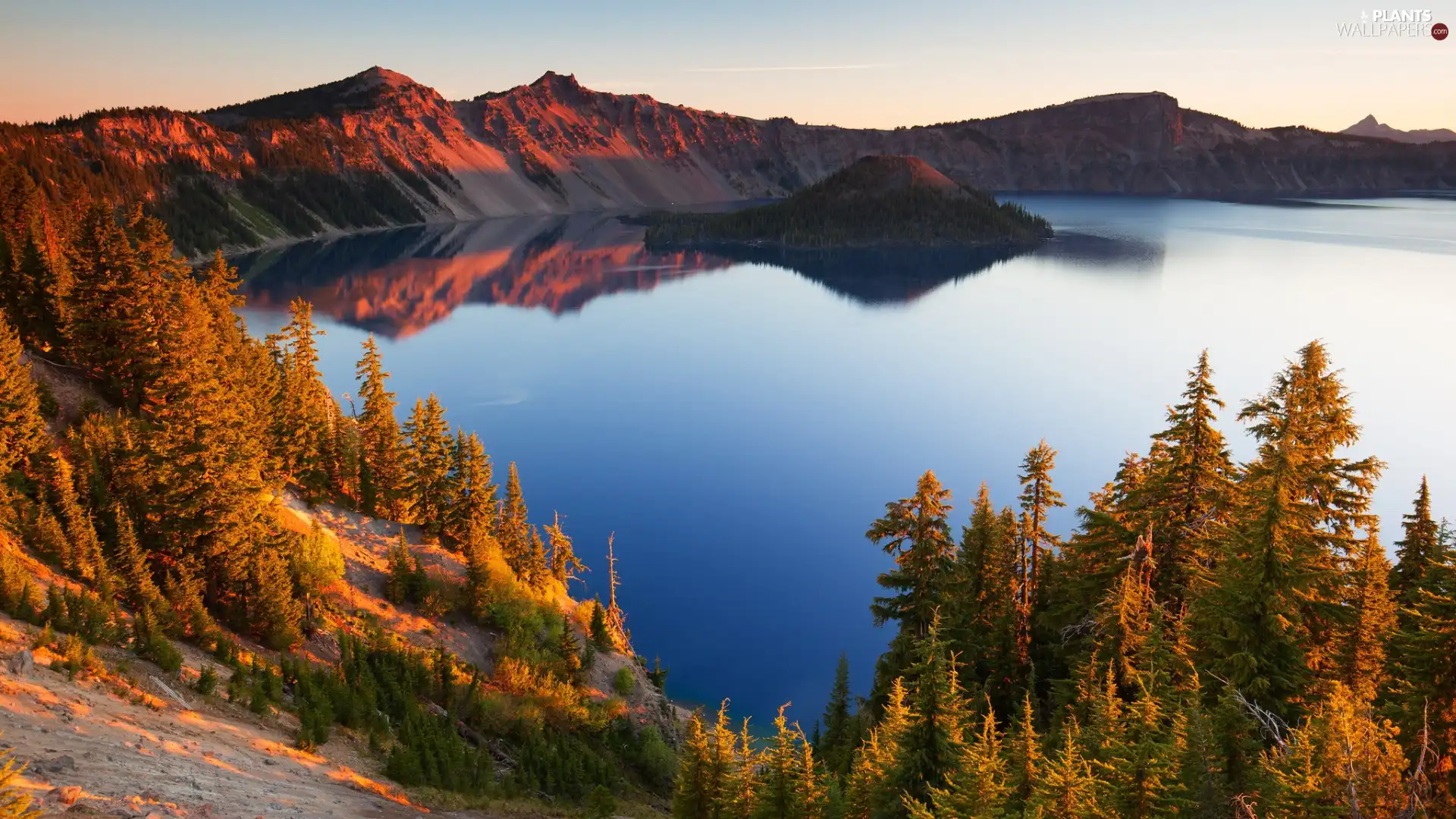 Crater Lake National Park, autumn, Crater Lake, Island of Wizard, State of Oregon, The United States, trees, viewes, Mountains