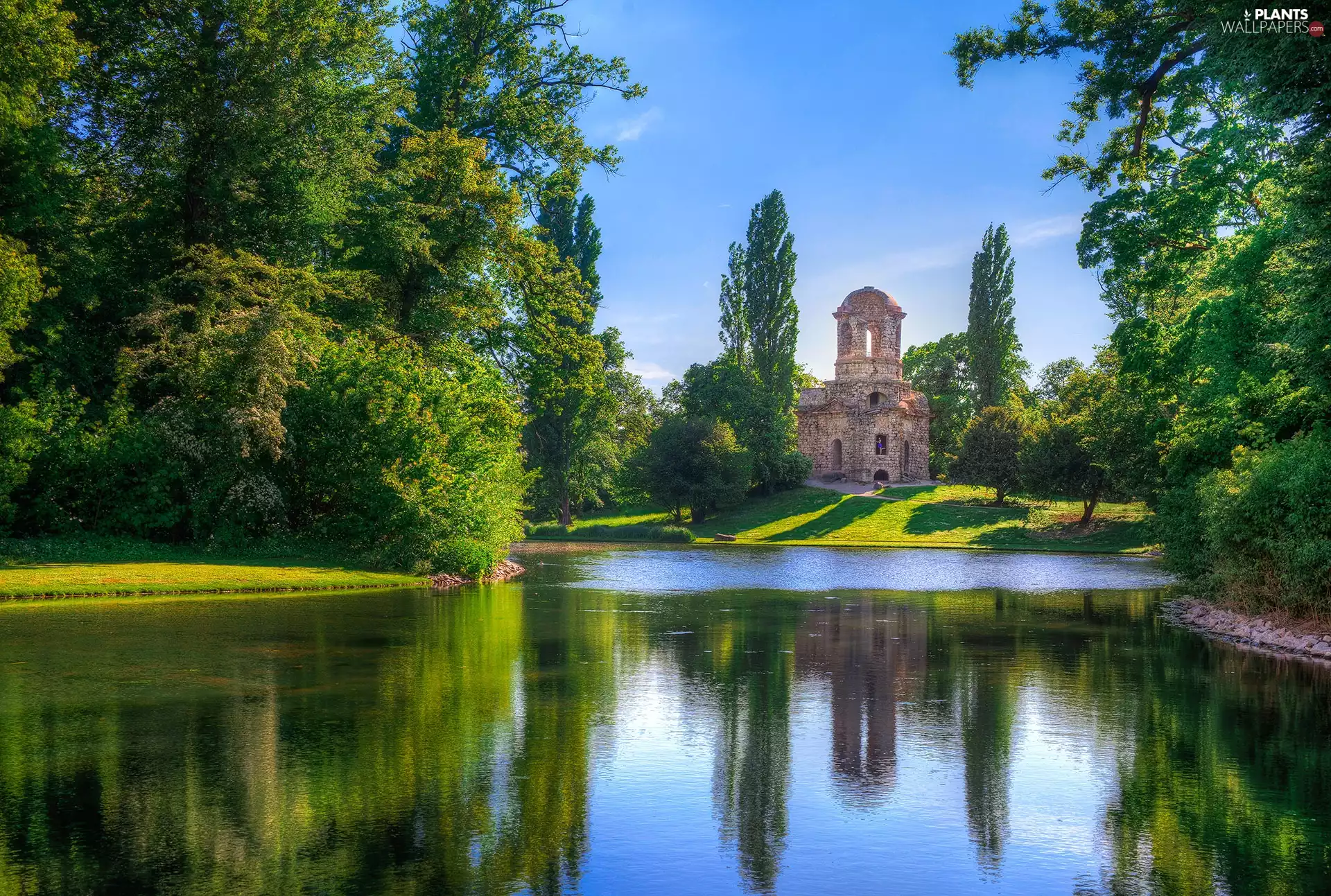 Pond - car, Park, trees, viewes, Castle, lake