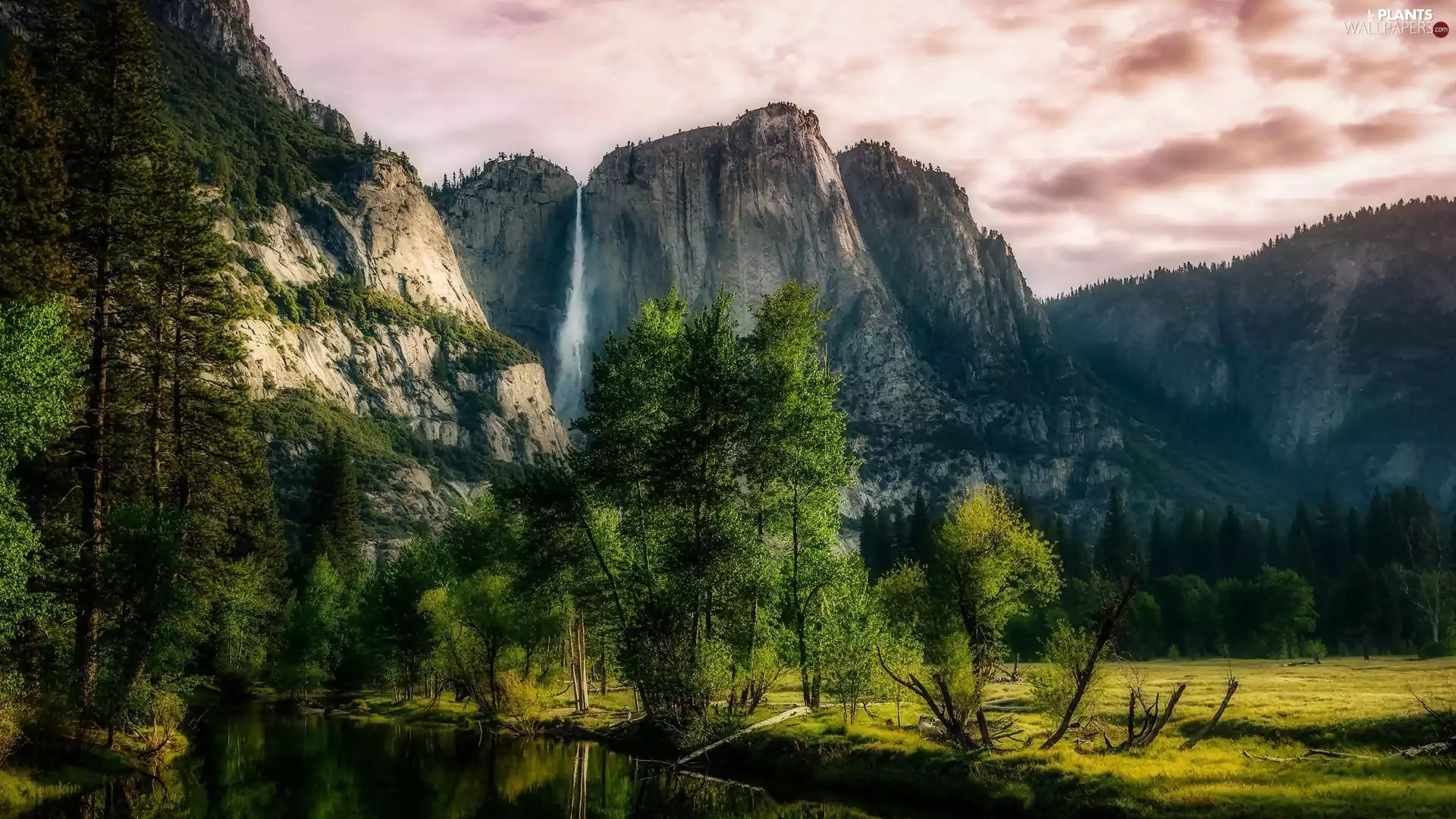 Sierra Nevada Mountains, State of California, trees, Yosemite National Park, The United States, Yosemite Falls, viewes