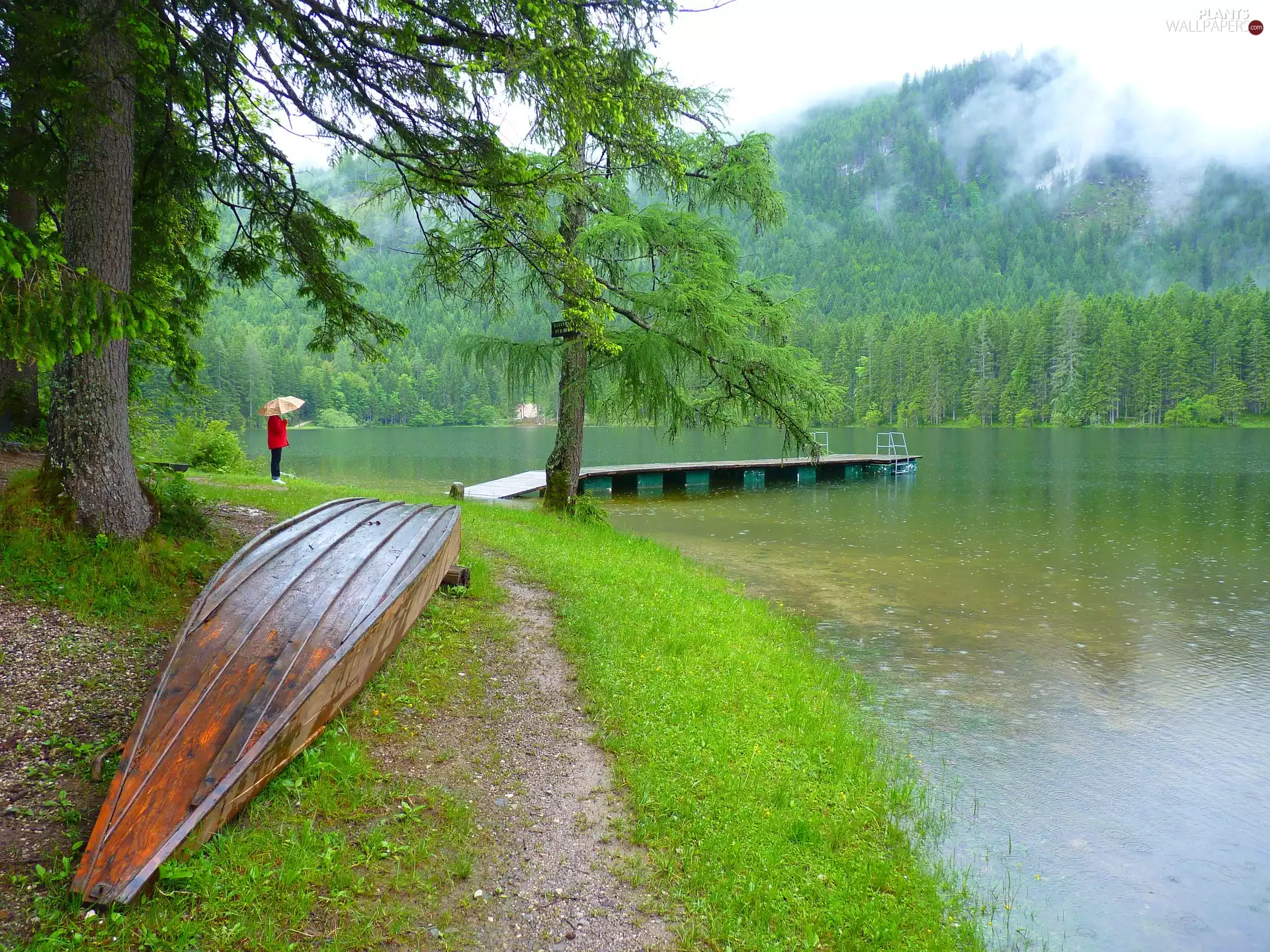 Fog, Boat, Rain, Platform, viewes, Mountains, lake, trees