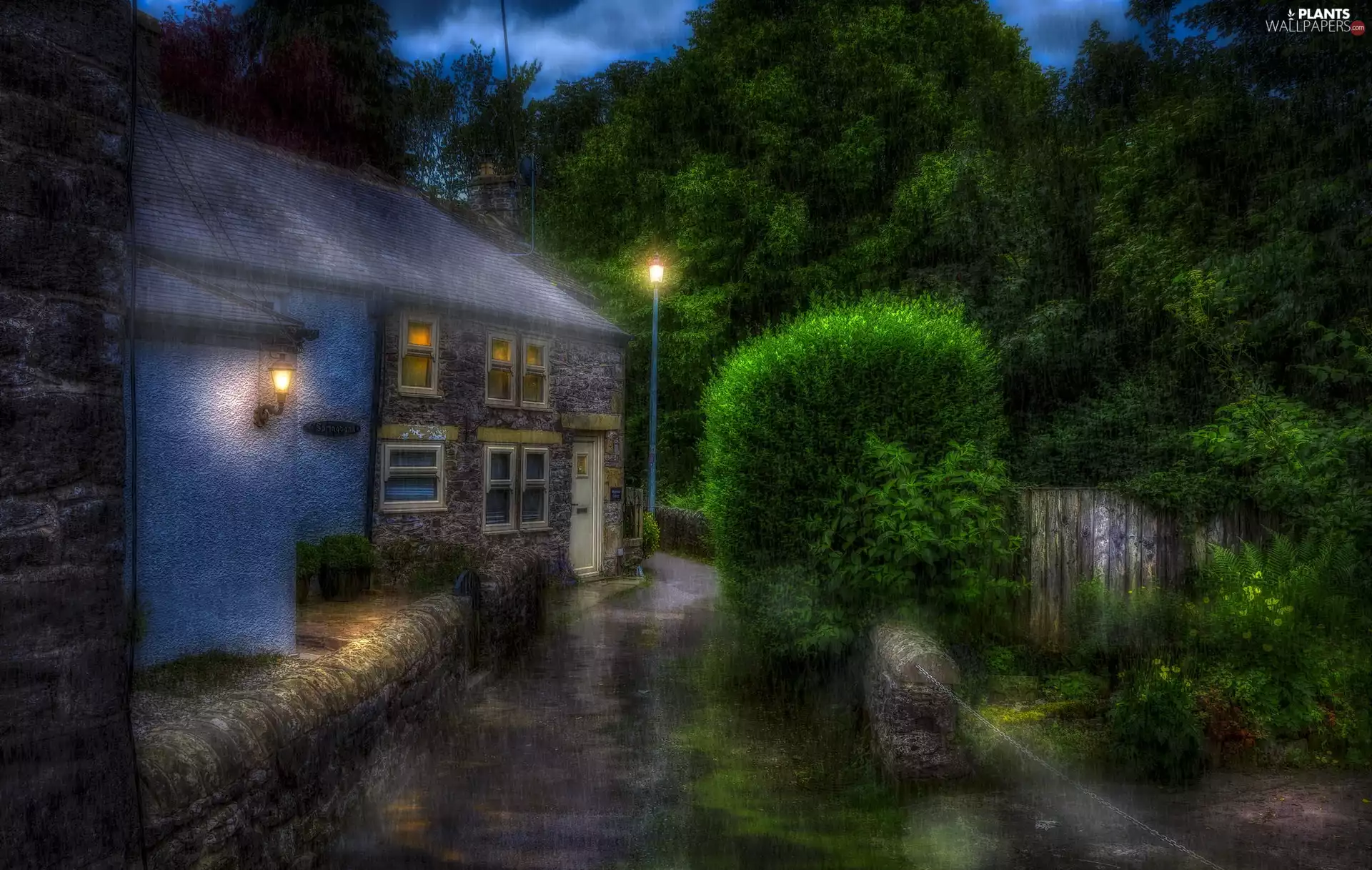 Night, Lighthouse, Rain, Bush, viewes, house, alley, trees