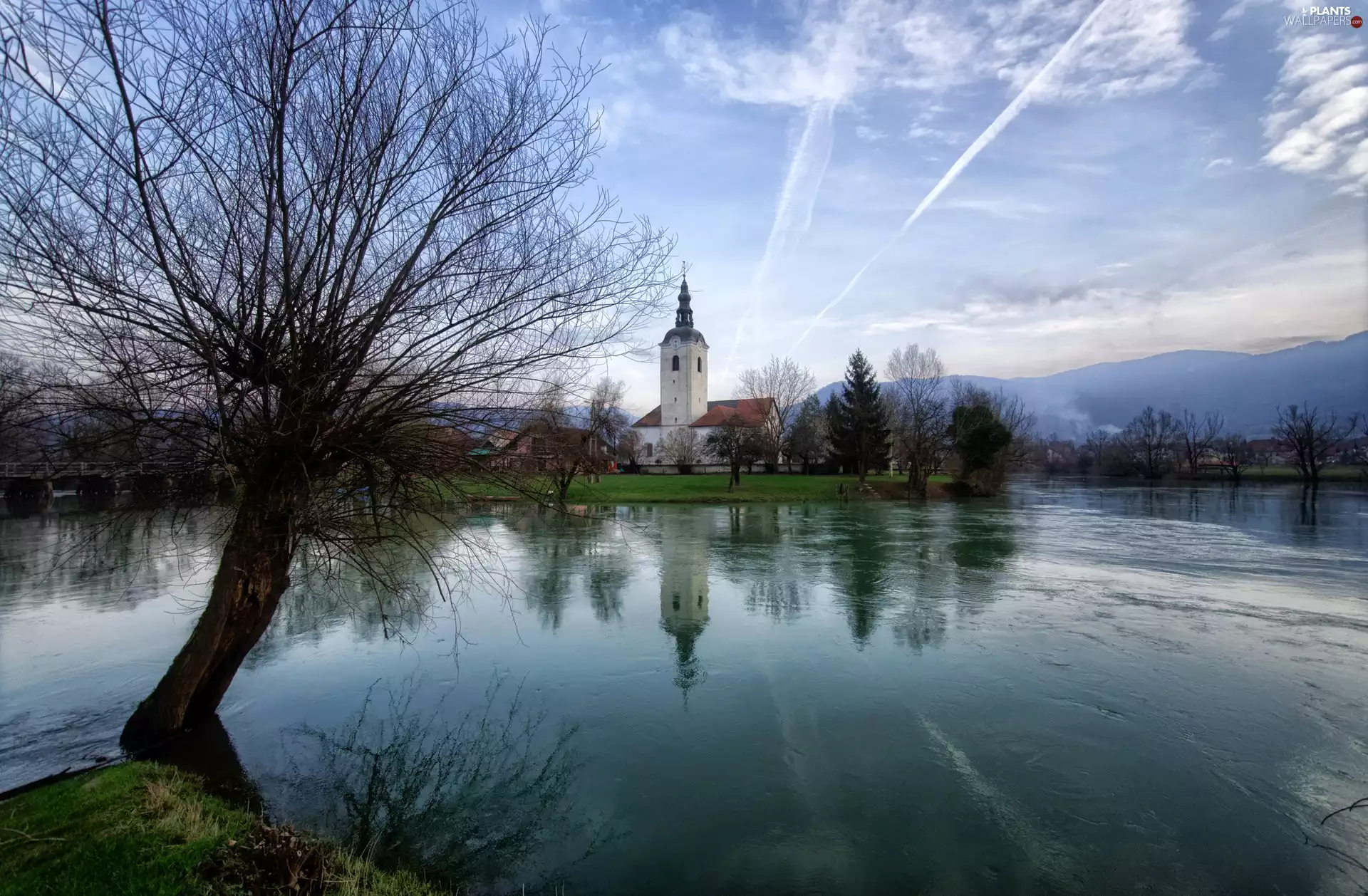 River, viewes, Church, trees