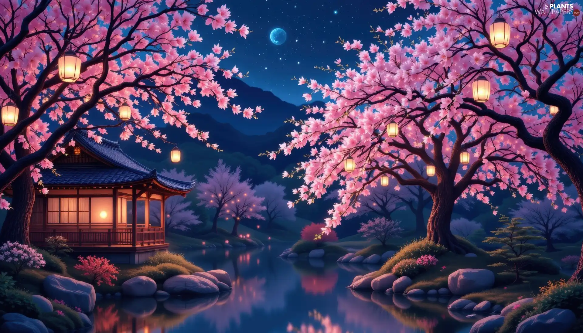 trees, flourishing, viewes, Flowers, Night, moon, River, house, Lanterns