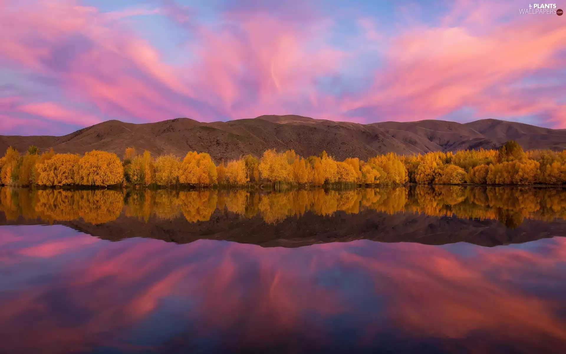 trees, autumn, viewes, forest, reflection, Mountains, Sky, clouds, lake
