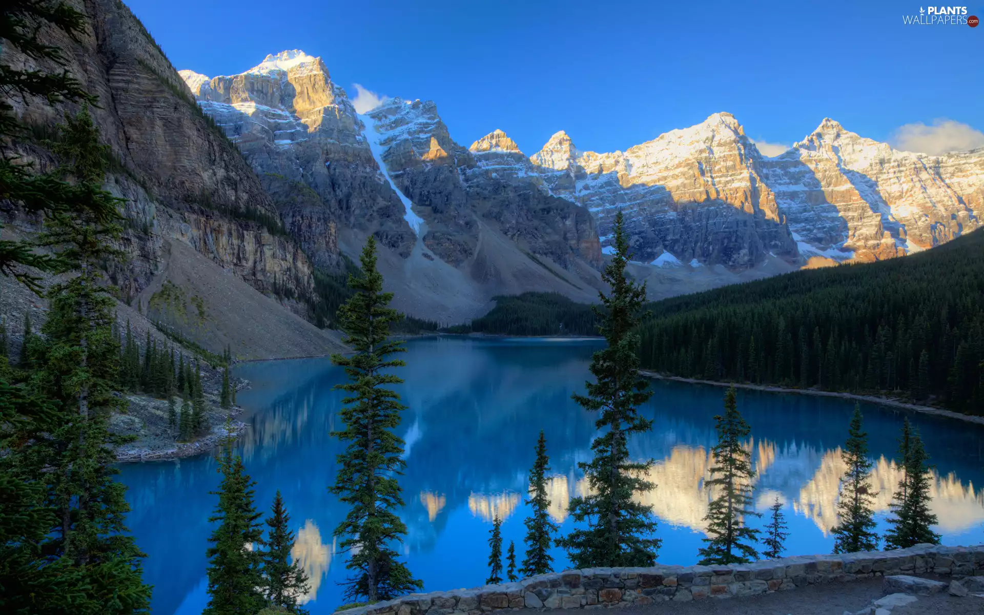 Banff National Park, Lake Moraine, clouds, trees, Sky, Mountains, Canada, viewes