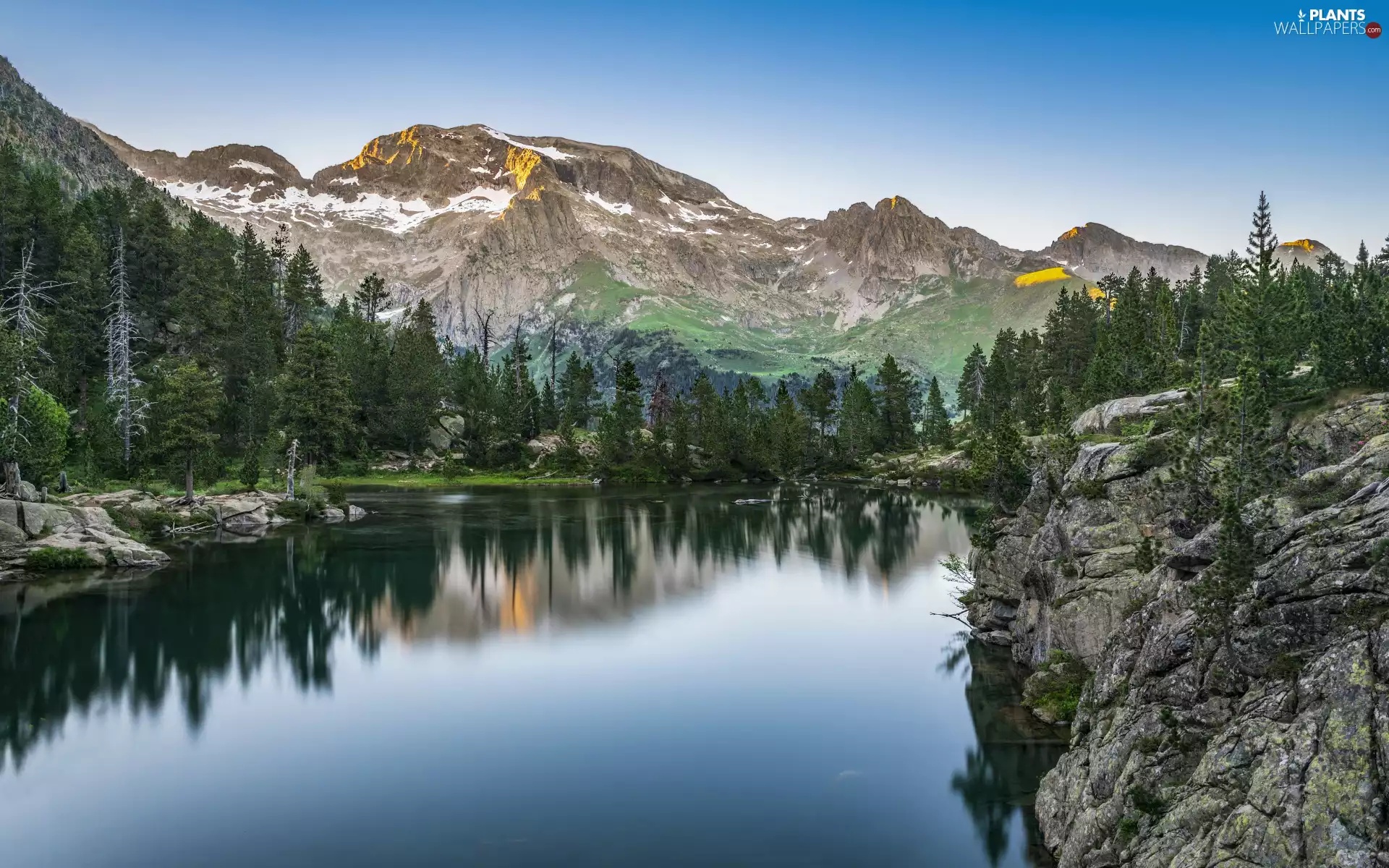 viewes, forest, Stones, trees, Mountains, lake, rocks
