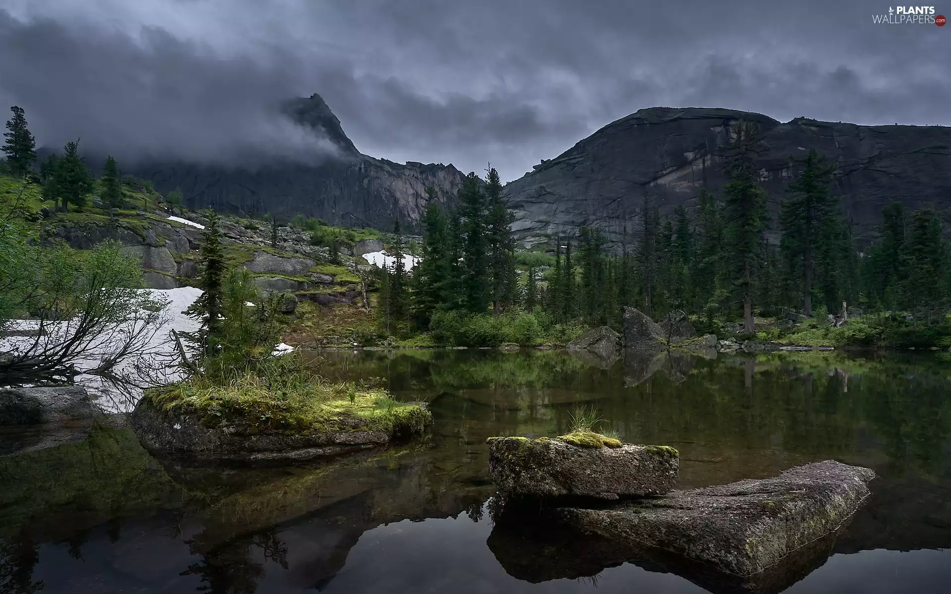 viewes, lake, Stones, trees, Mountains, Spruces, Rocks