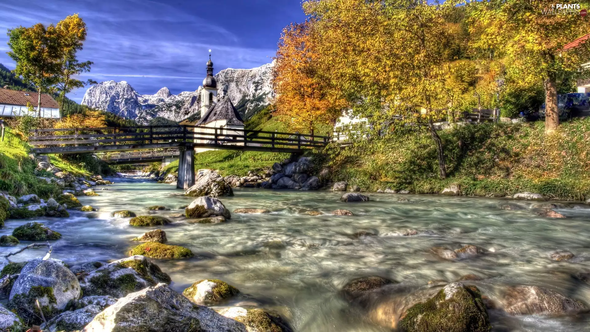 viewes, Mountains, Stones, trees, buildings, River, bridge