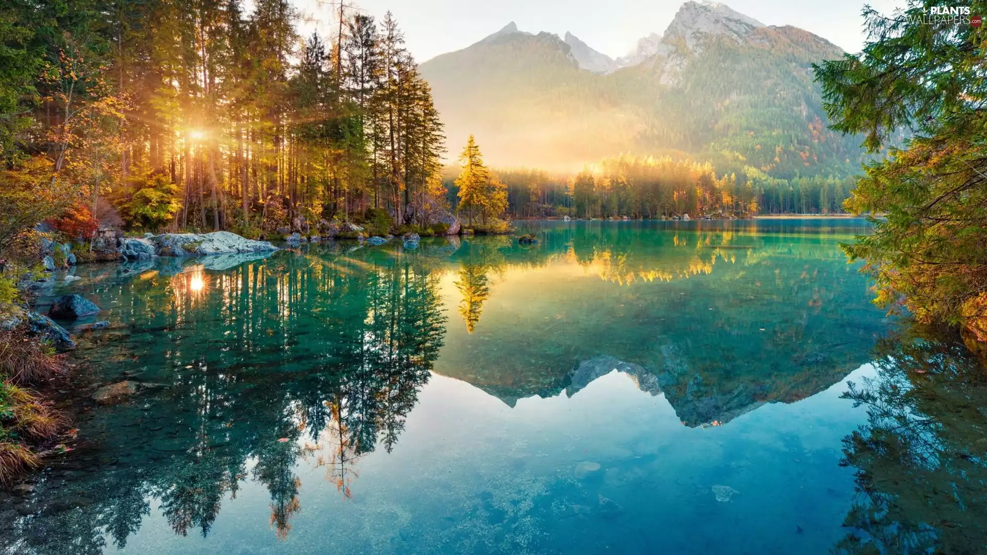 trees, Mountains, autumn, rays of the Sun, viewes, lake