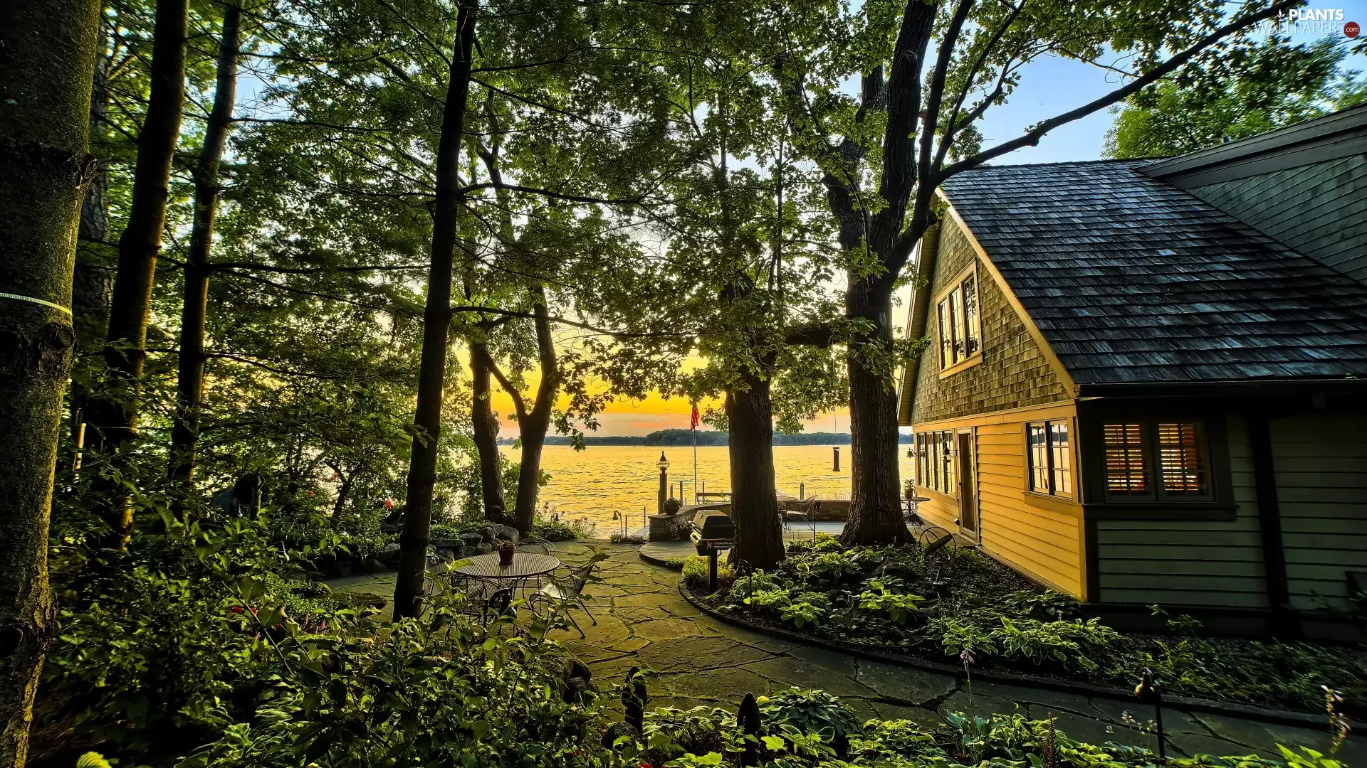 viewes, house, table, trees, lake, Pavement, Stool