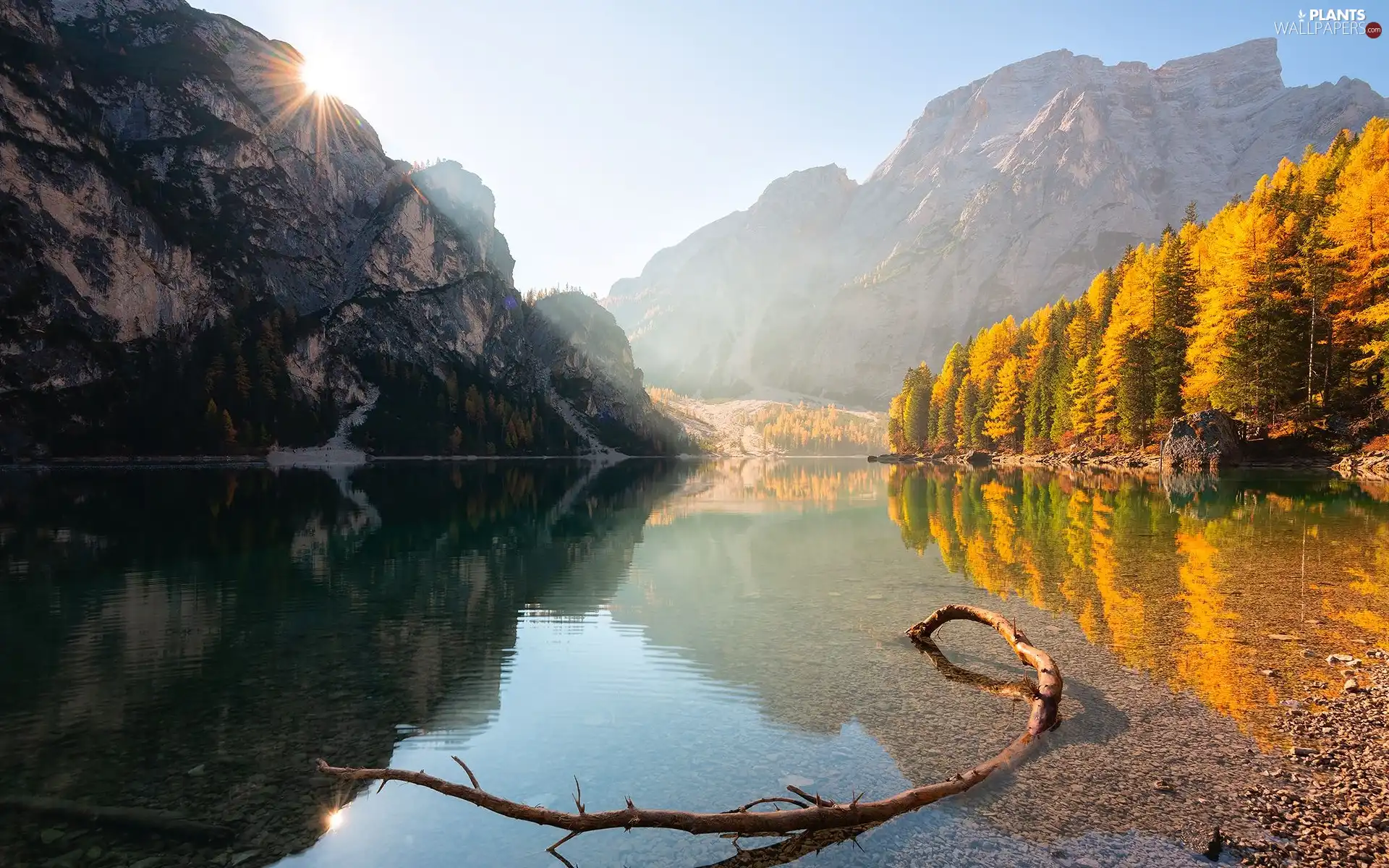 trees, lake, autumn, Yellowed, Mountains, viewes, rays of the Sun
