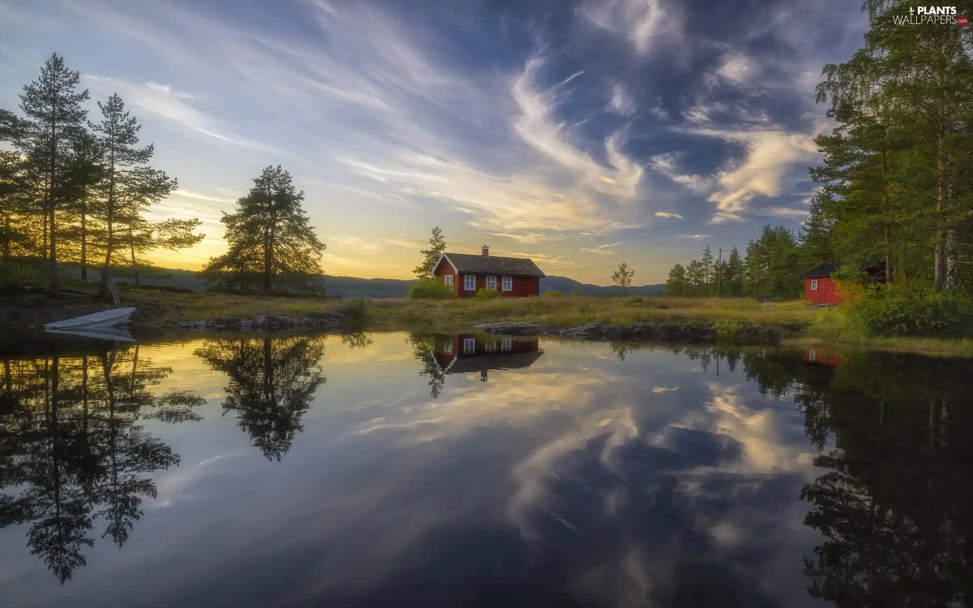 trees, viewes, Norway, clouds, Ringerike, Houses, Vaeleren Lake, reflection