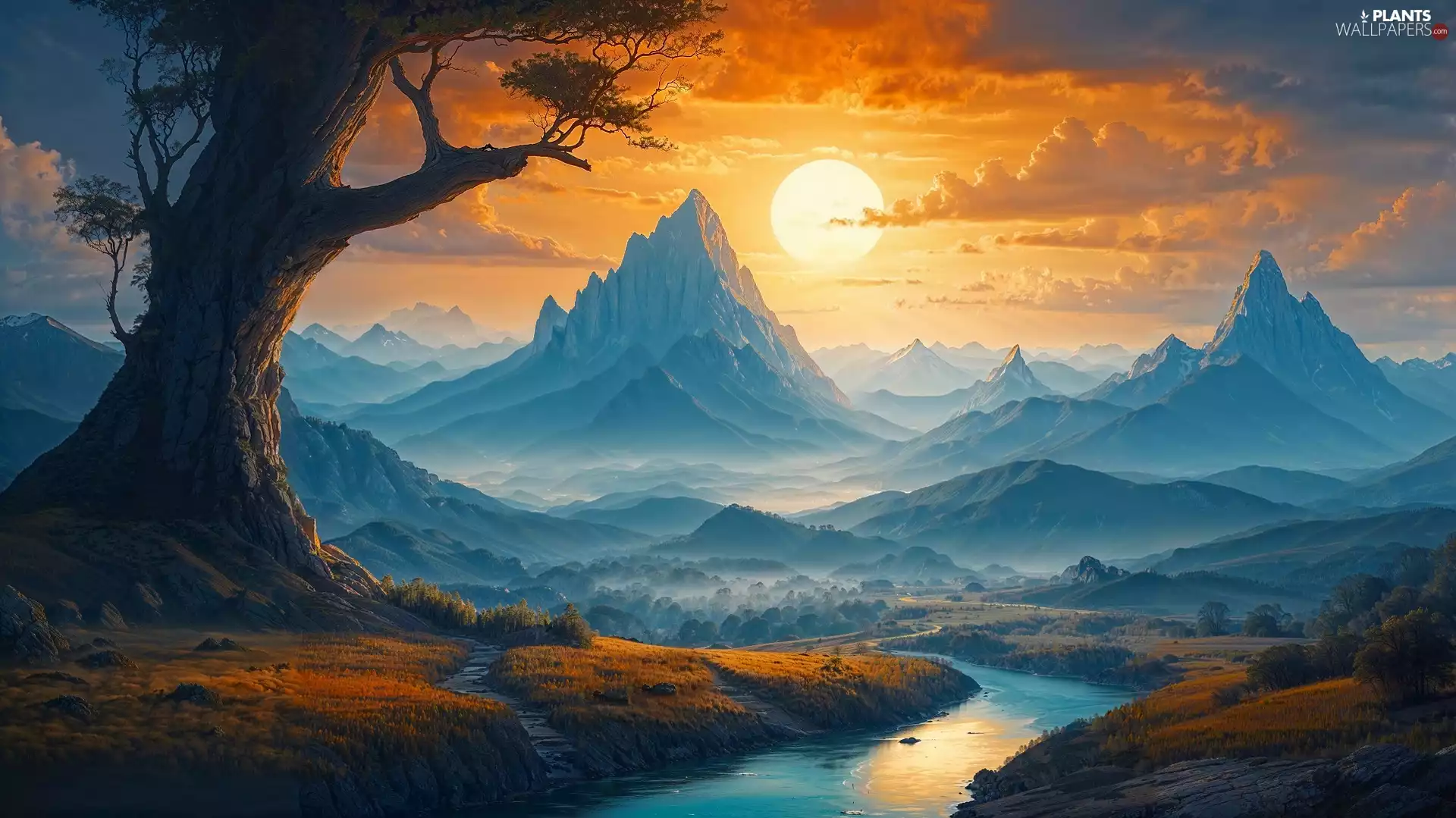 Mountains, Great Sunsets, trees, River, Valley
