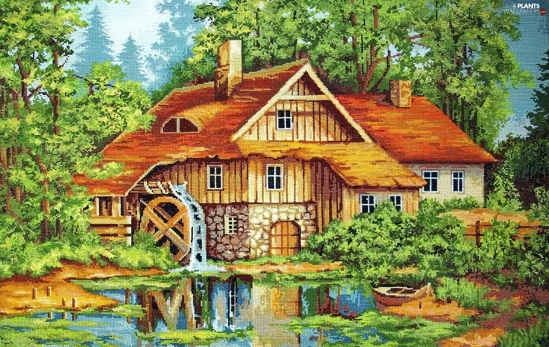 Windmill, trees, viewes, Pond - car