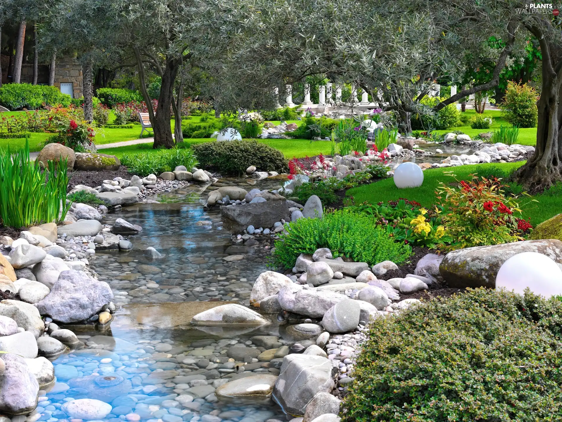 water, Garden, trees, viewes, Flowers, eye