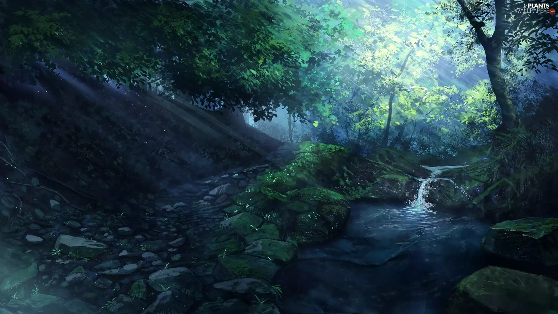 trees, Stones, light breaking through sky, forest, River, viewes, Paintography