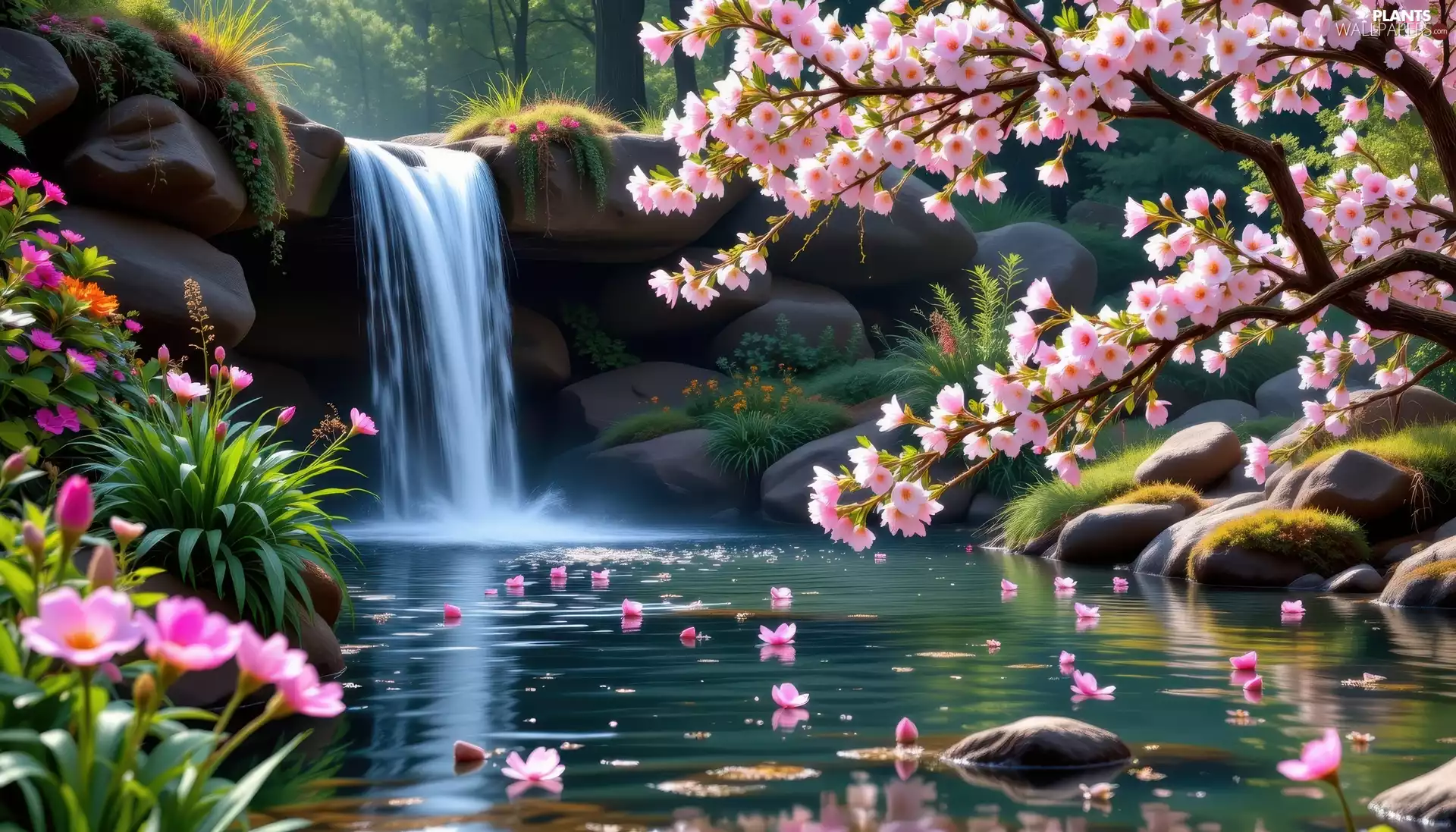 trees, small, River, Plants, Rocks, forest, waterfall, Spring, viewes, Flowers