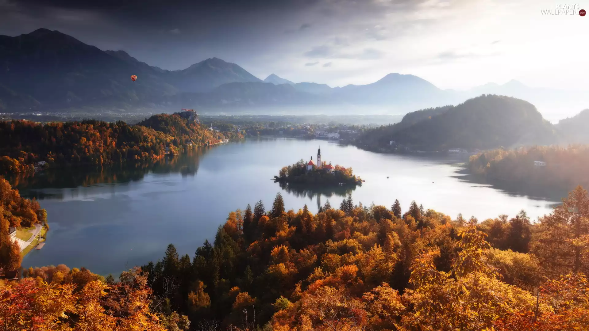 Blejski Otok Island, autumn, Lake Bled, Church of the Assumption of the Virgin Mary, clouds, Slovenia, trees, viewes, Mountains