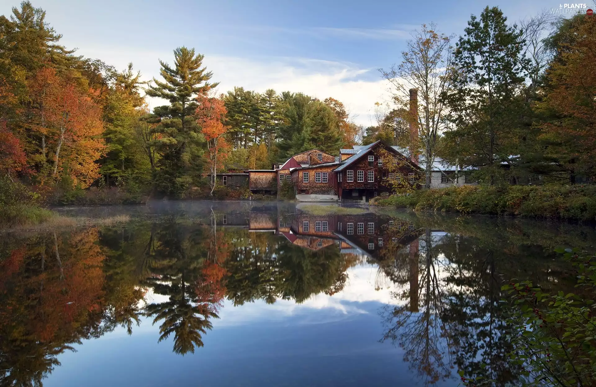 State of New Hampshire, The United States, Wilton, Pond - car, Fryes Measure Mill, reflection, viewes, Houses, trees