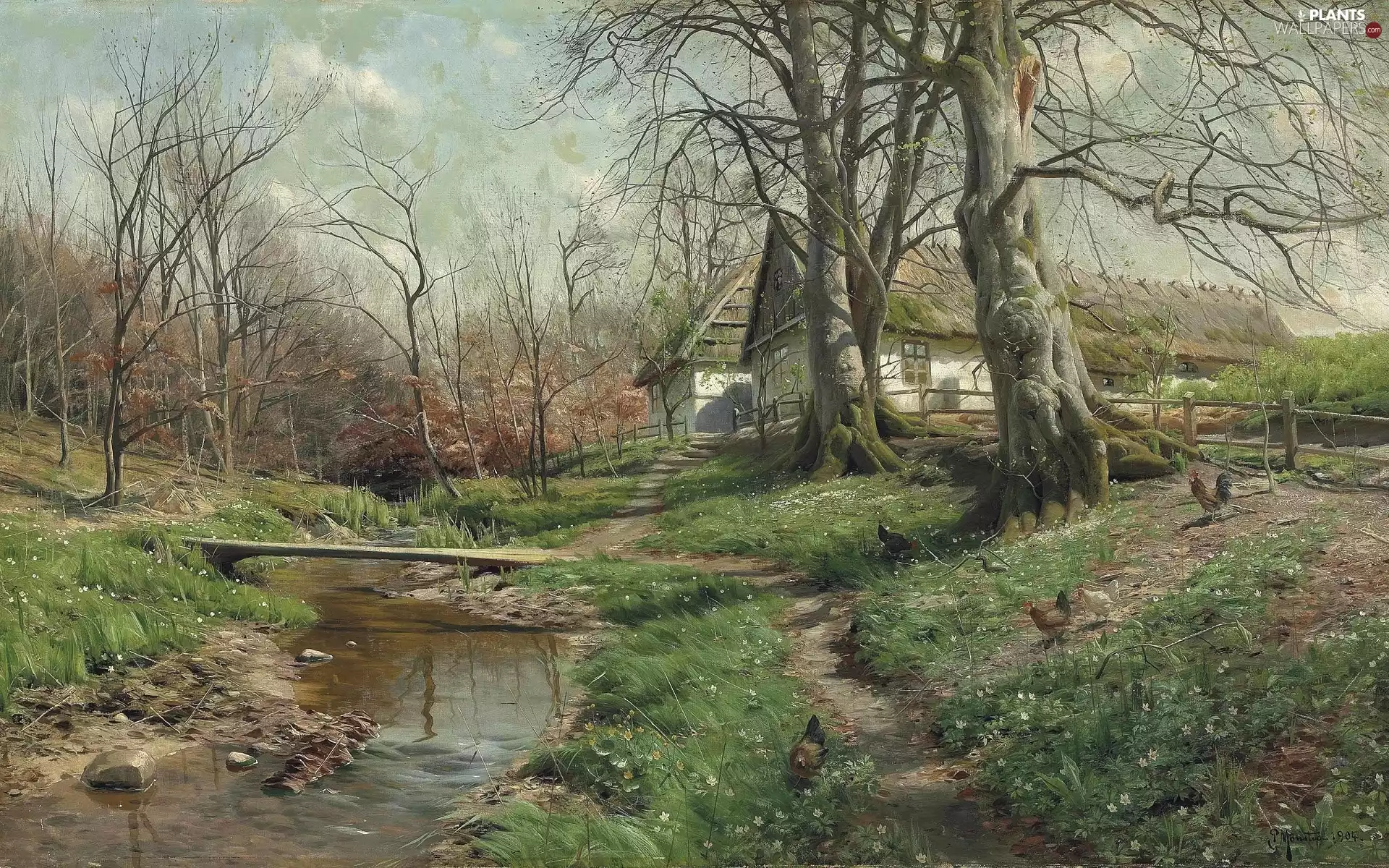 Spring, viewes, landscape, Houses, hens, River, painting, Wooden, country, footbridge, Anemones, Peder Mork Monsted, Flowers, picture, trees