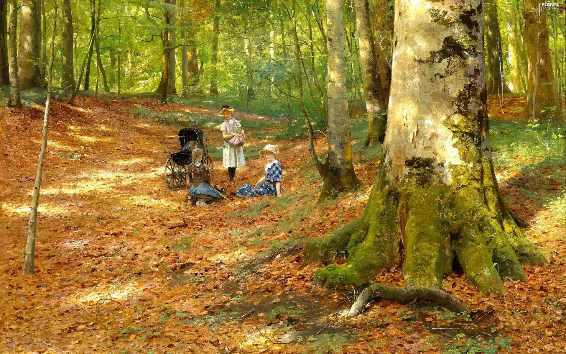Leaf, picture, forest, Kids, trees, painting, Peder Mork Monsted, trolley, Women, viewes