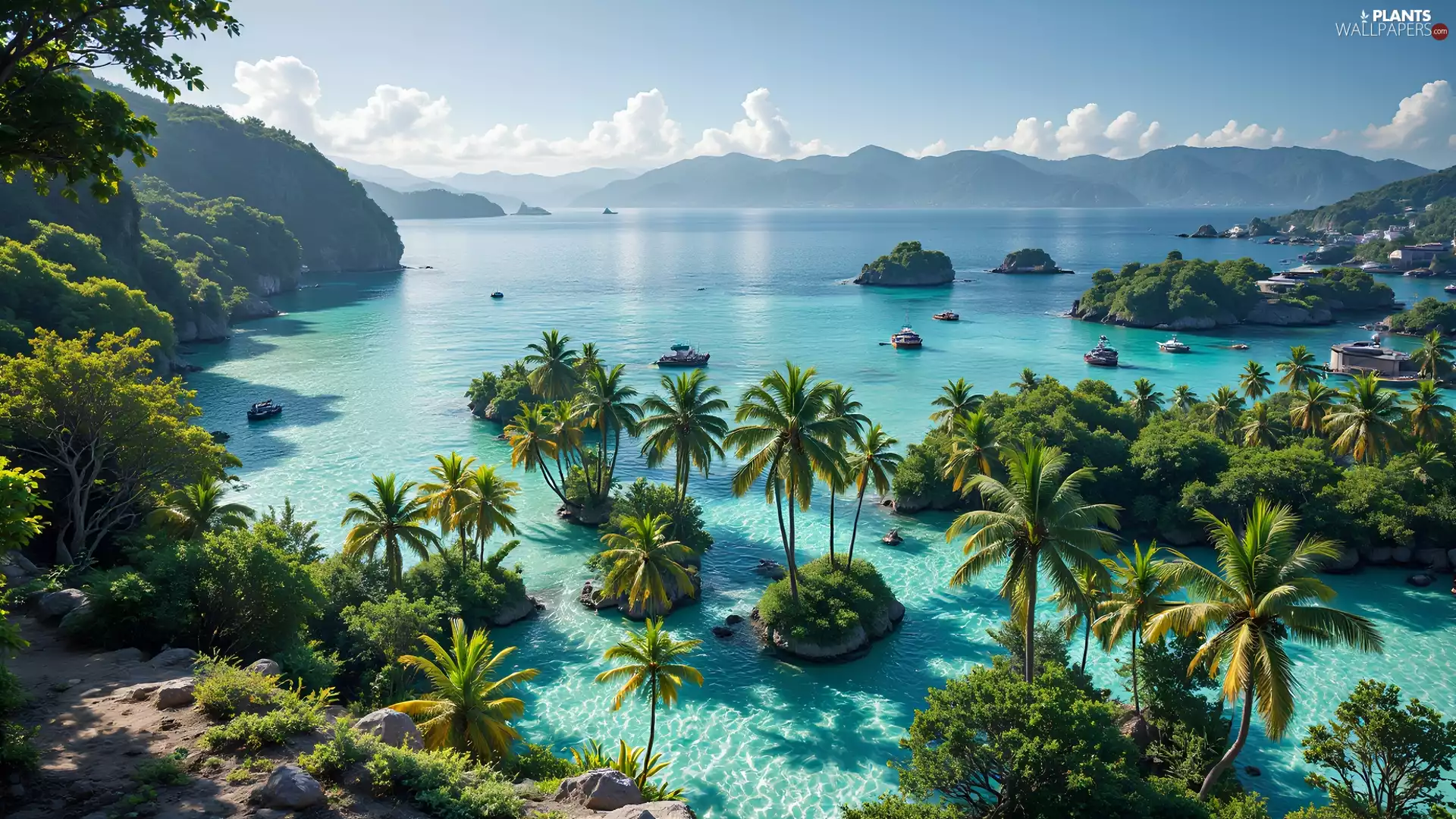 Mountains, Tropical, Islets, Palms, sea