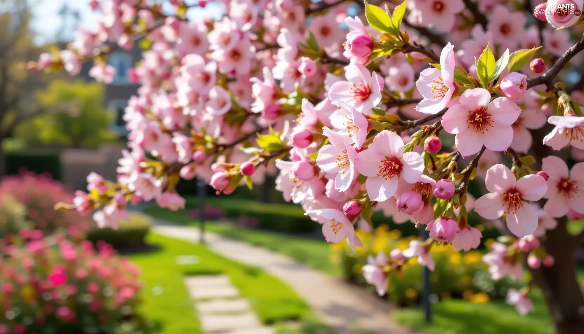 Light pink, Fruit Tree, leaves, lane, Flowers, Twigs