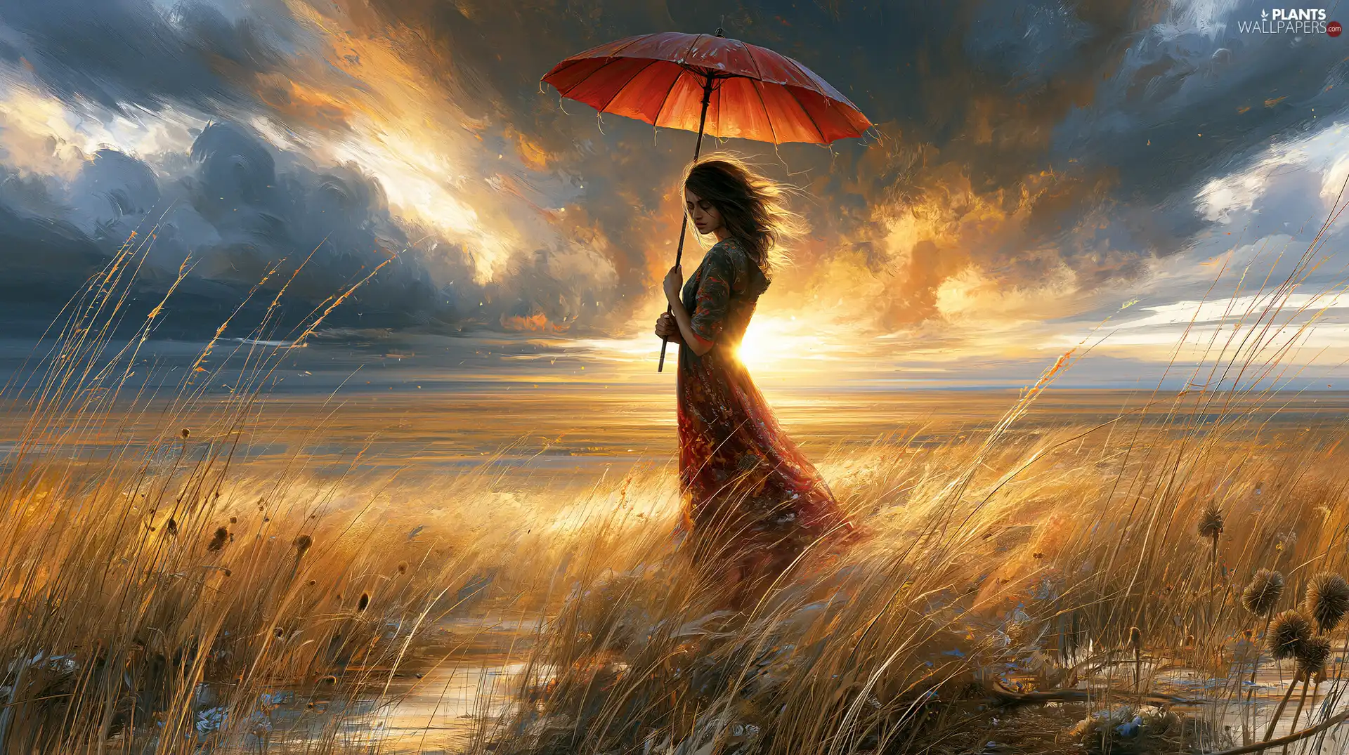 clouds, Great Sunsets, umbrella, grass, girl