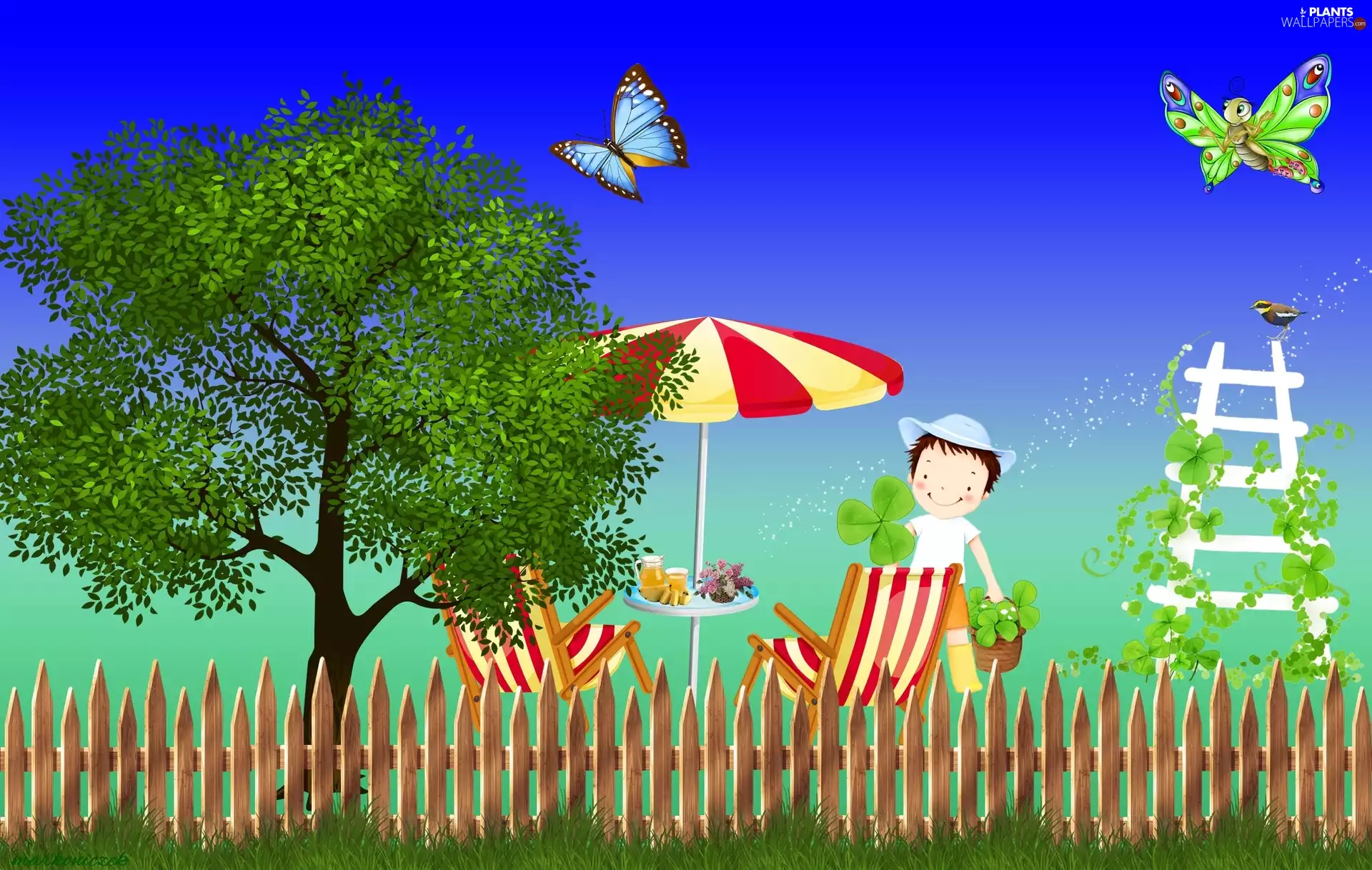 trees, butterfly, Stool, Fance, table, Garden, graphics, Umbrella