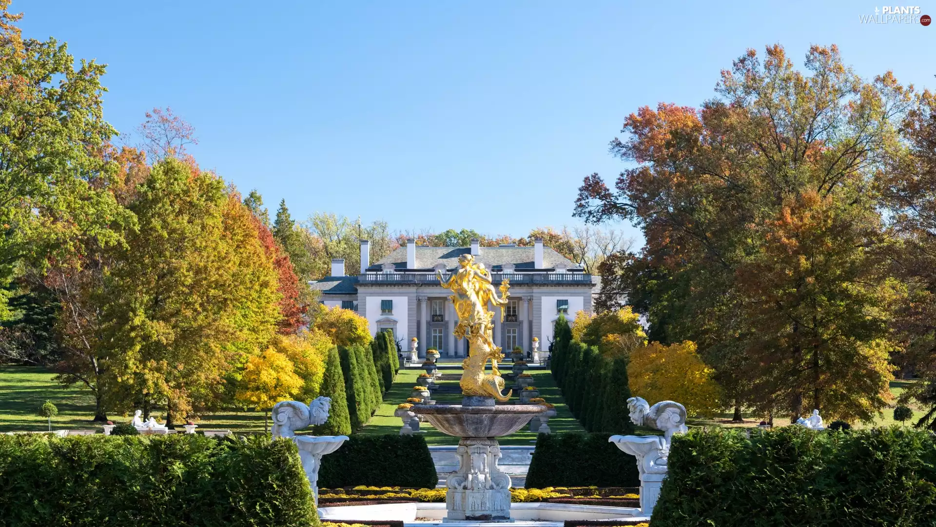 Museum Nemours Mansion and Gardens, The United States, fountain, Residence Nemours, autumn, viewes, trees, Wilmington City, Delaware State, Garden, sculpture