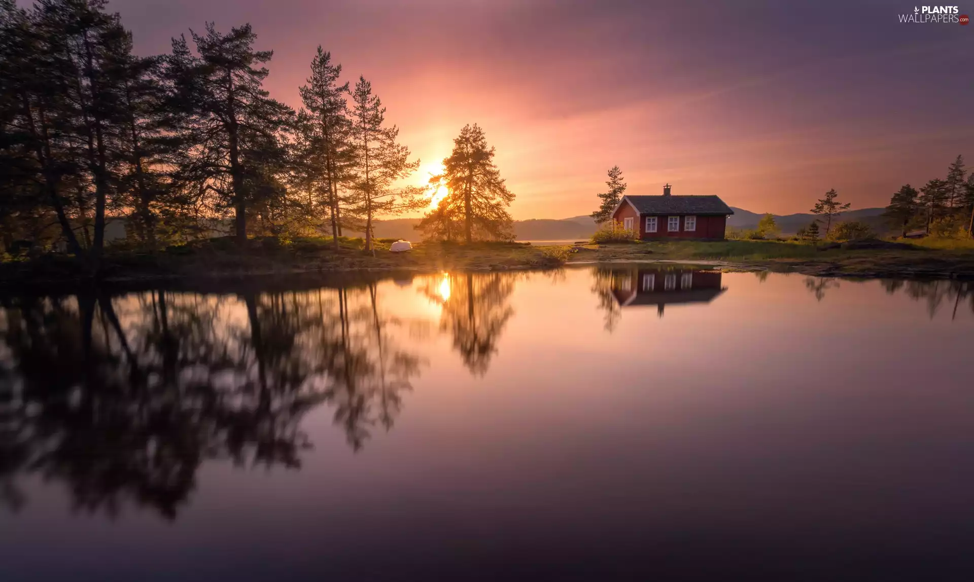 Vaeleren Lake, Great Sunsets, reflection, trees, house, Ringerike, Norway, viewes