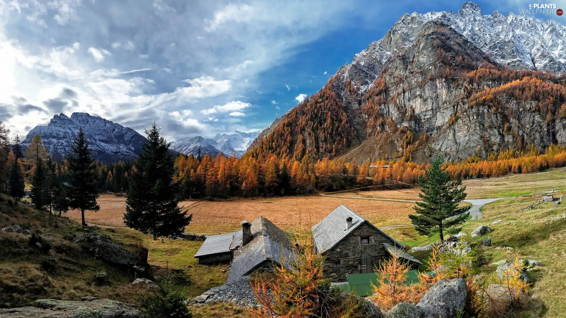 Houses, Mountains, viewes, Valley, autumn, trees, Stones